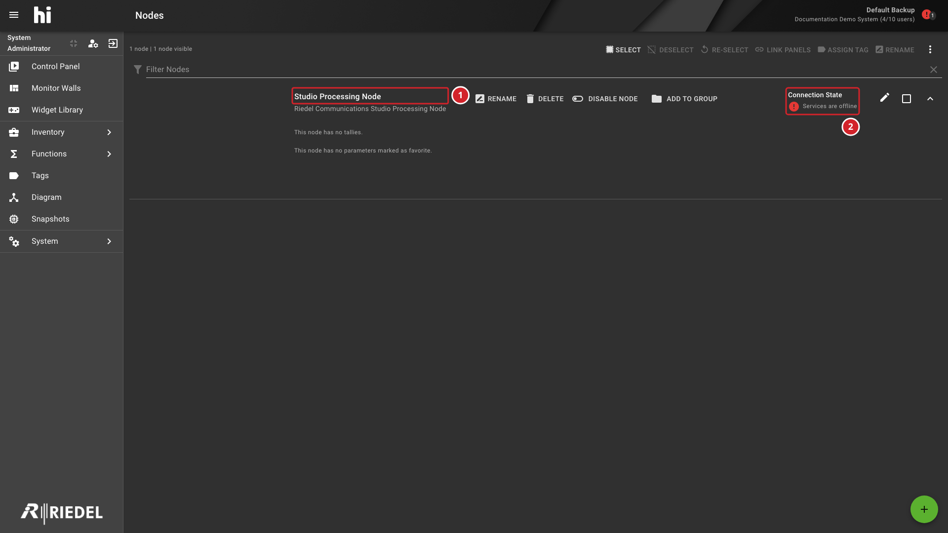 Node List Showing a configured Node with its Services are offline status