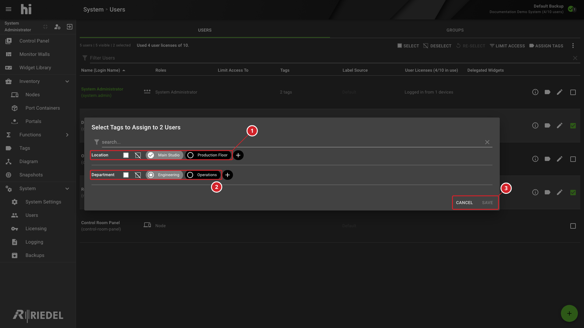 Tag Selector Dialog Showing Tag Categories and Partial Selections for Multiple Users