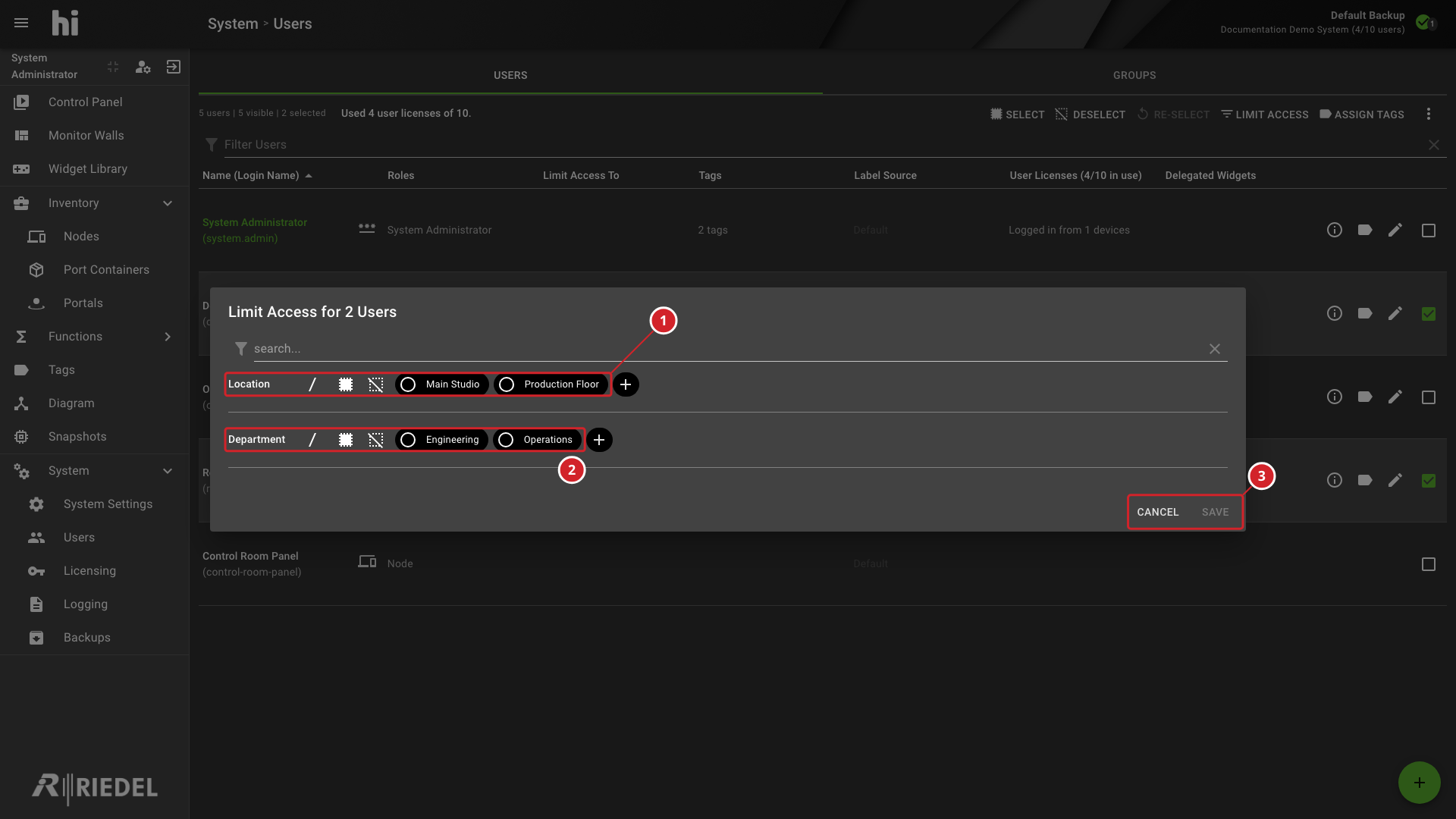 Limit Access Dialog Showing Tag Filters and the AND or OR Operator for Each Category