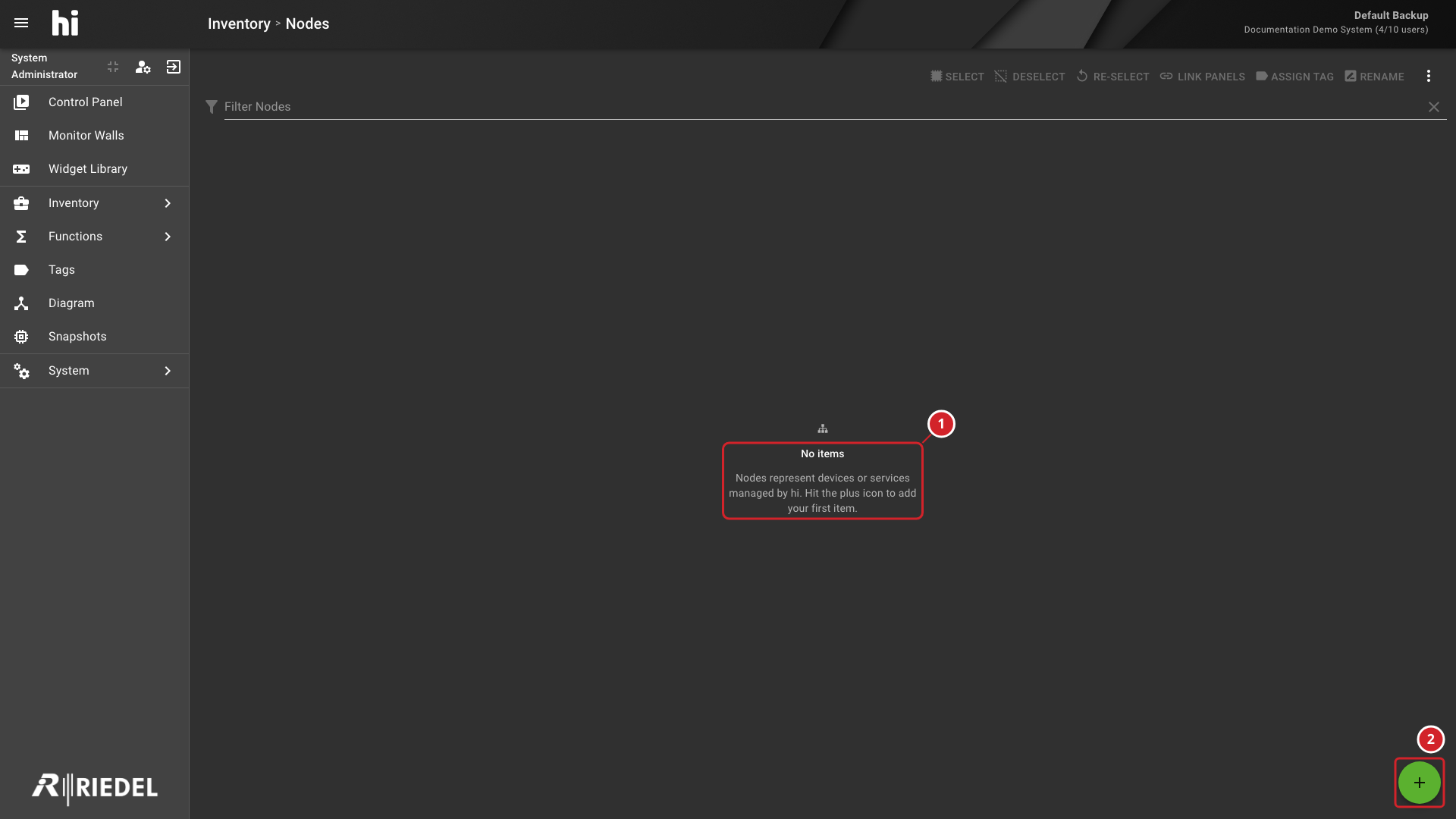 Node List Showing the Nodes Menu and Add Button