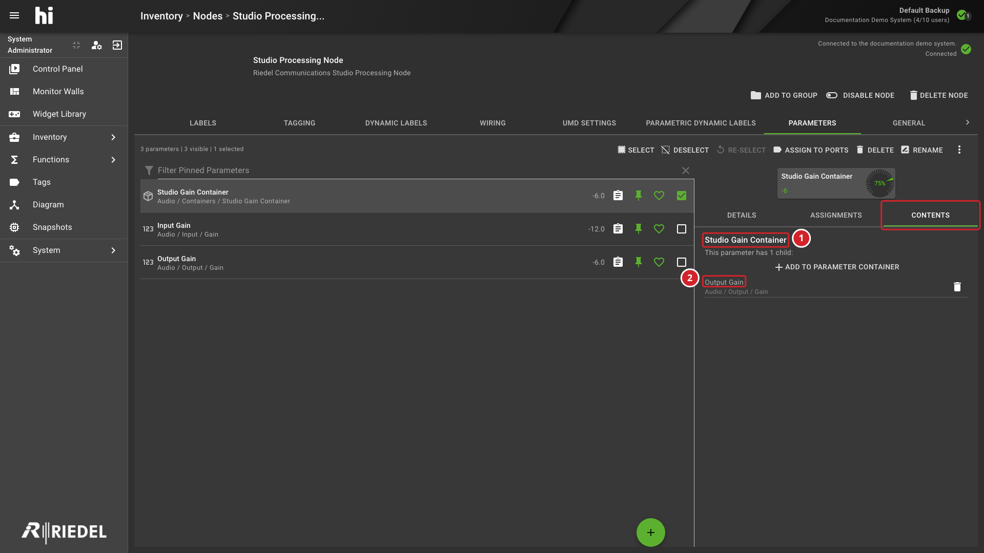 Parameter Container details showing its Contents tab and child parameters