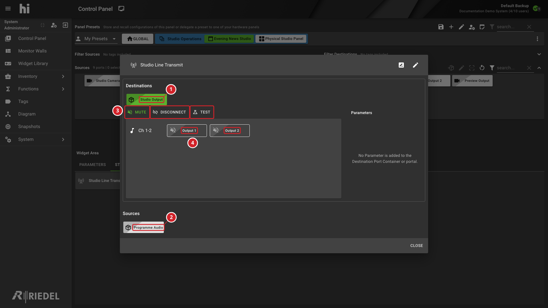 Line Transmit Widget with a Selected Destination and Audio Controls