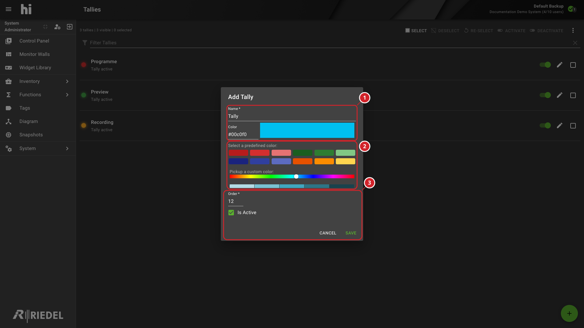 Add Tally Dialog with Name, Color, Order, and Active State