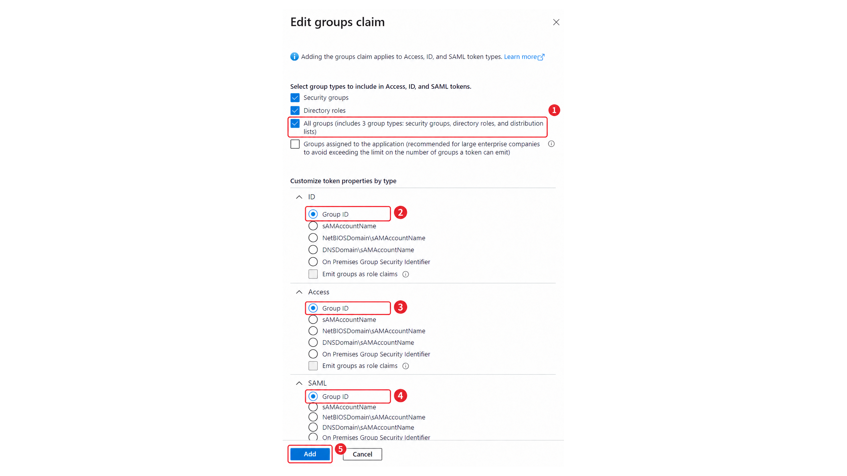 Microsoft Entra ID Edit Groups Claim Dialog with All Groups and Group ID