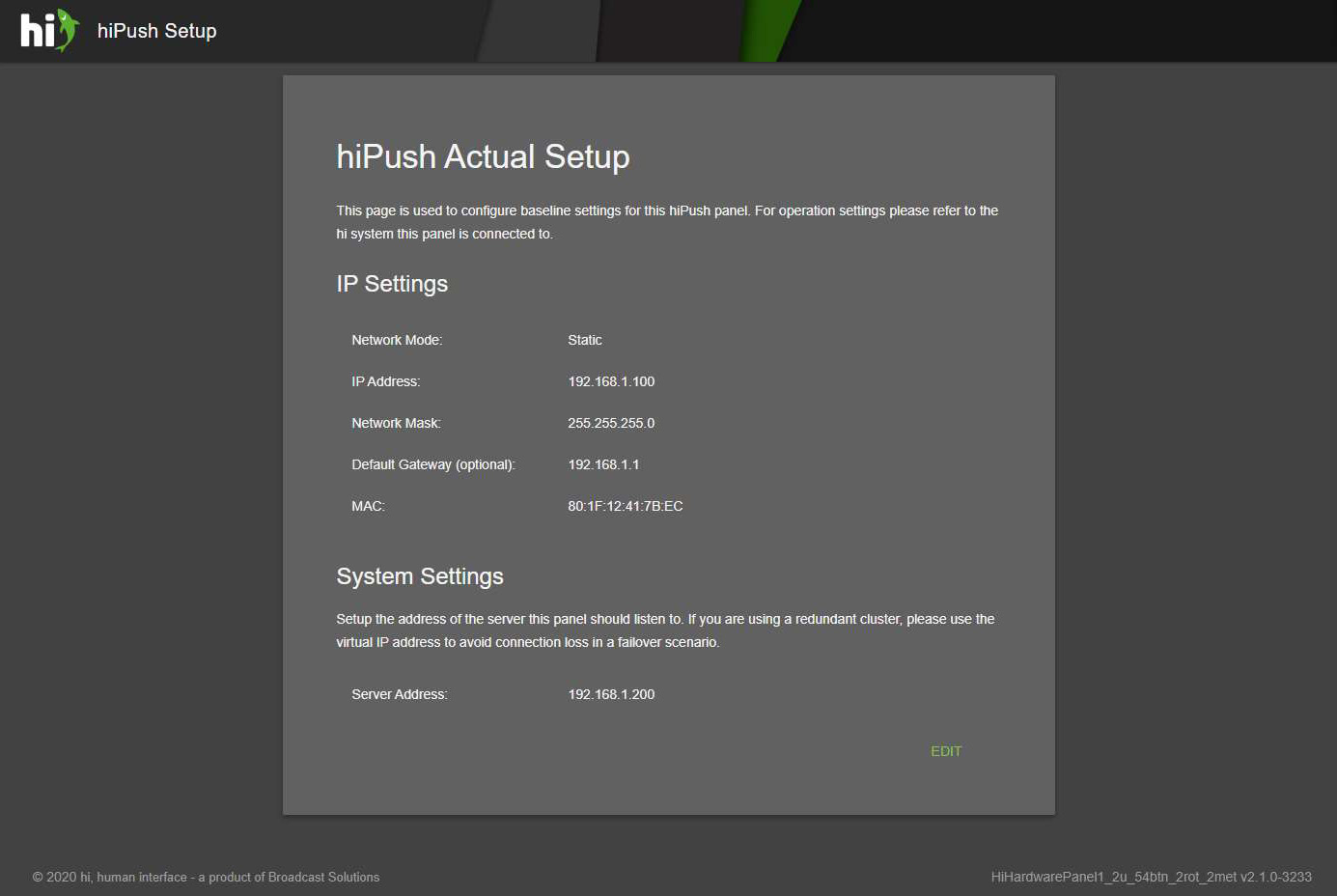 hiPush Actual Setup Screen Showing the Panel Network Settings and Configured hi Server Address