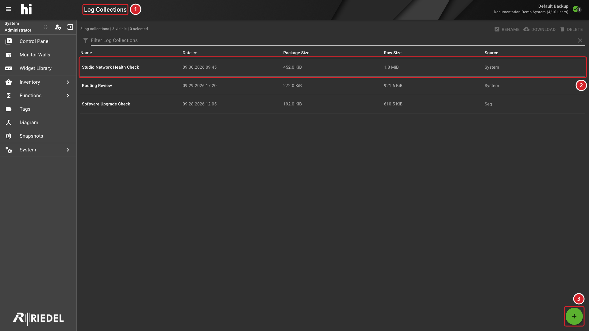 Log Collections Page Showing Saved Diagnostic Collections and the Add Action