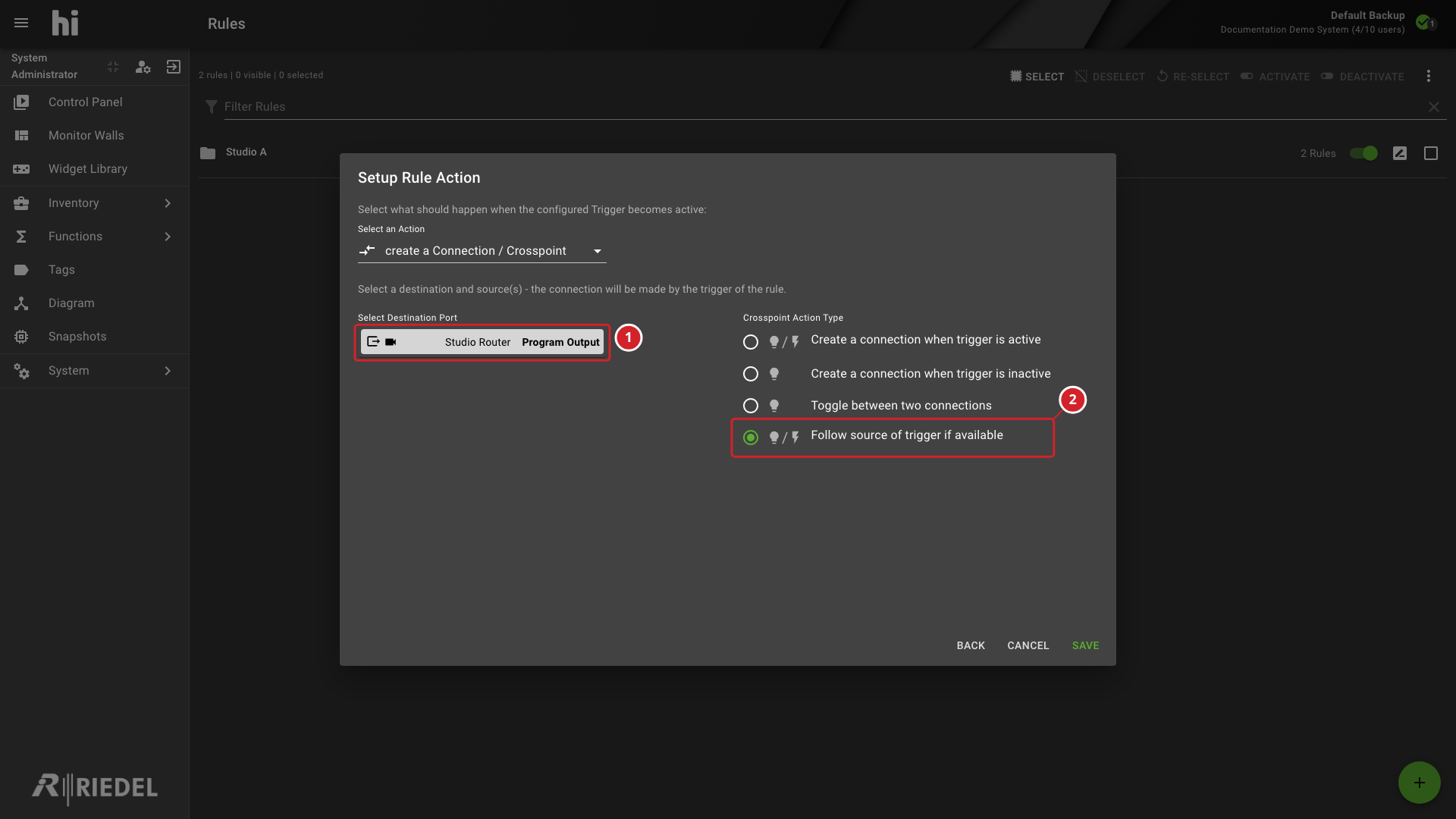 Crosspoint Action with Follow Source of Trigger Selected and Its Controls Annotated