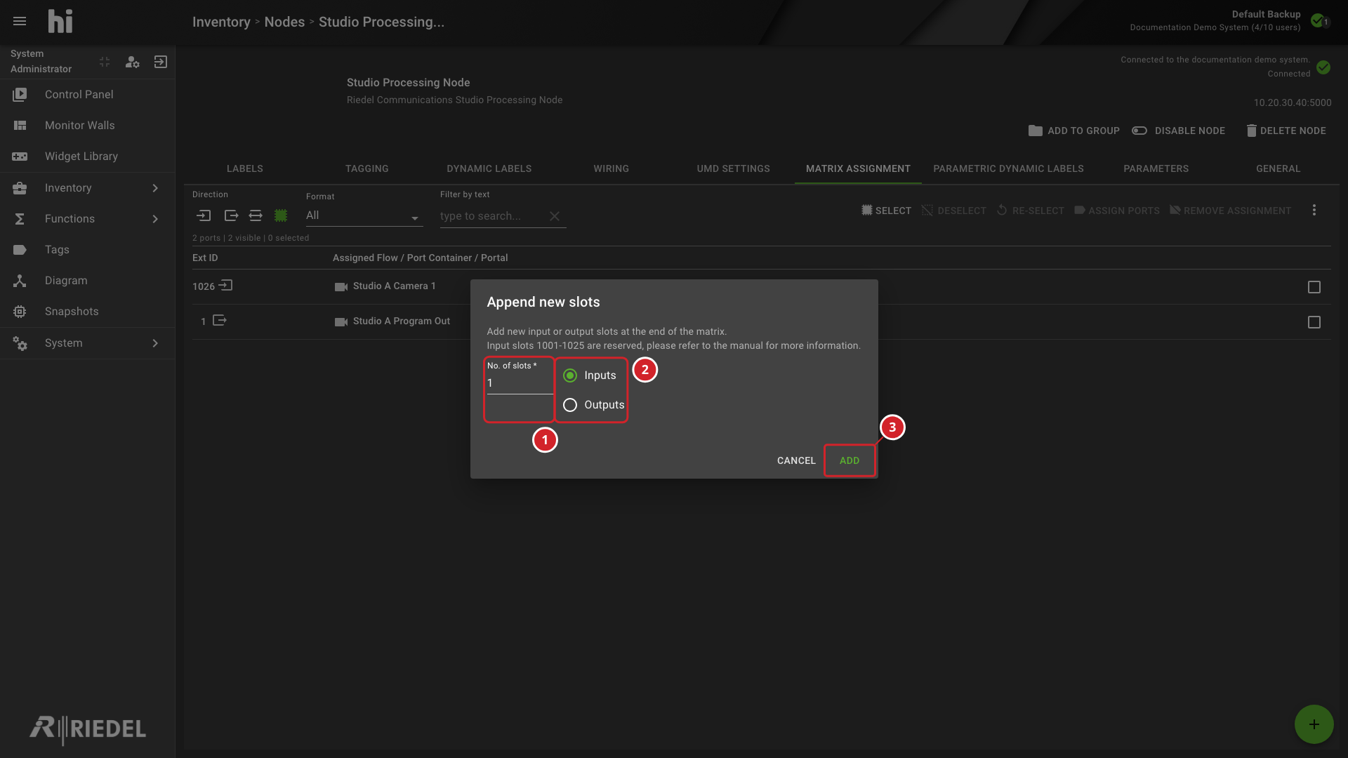 Append new Northbound matrix slots dialog