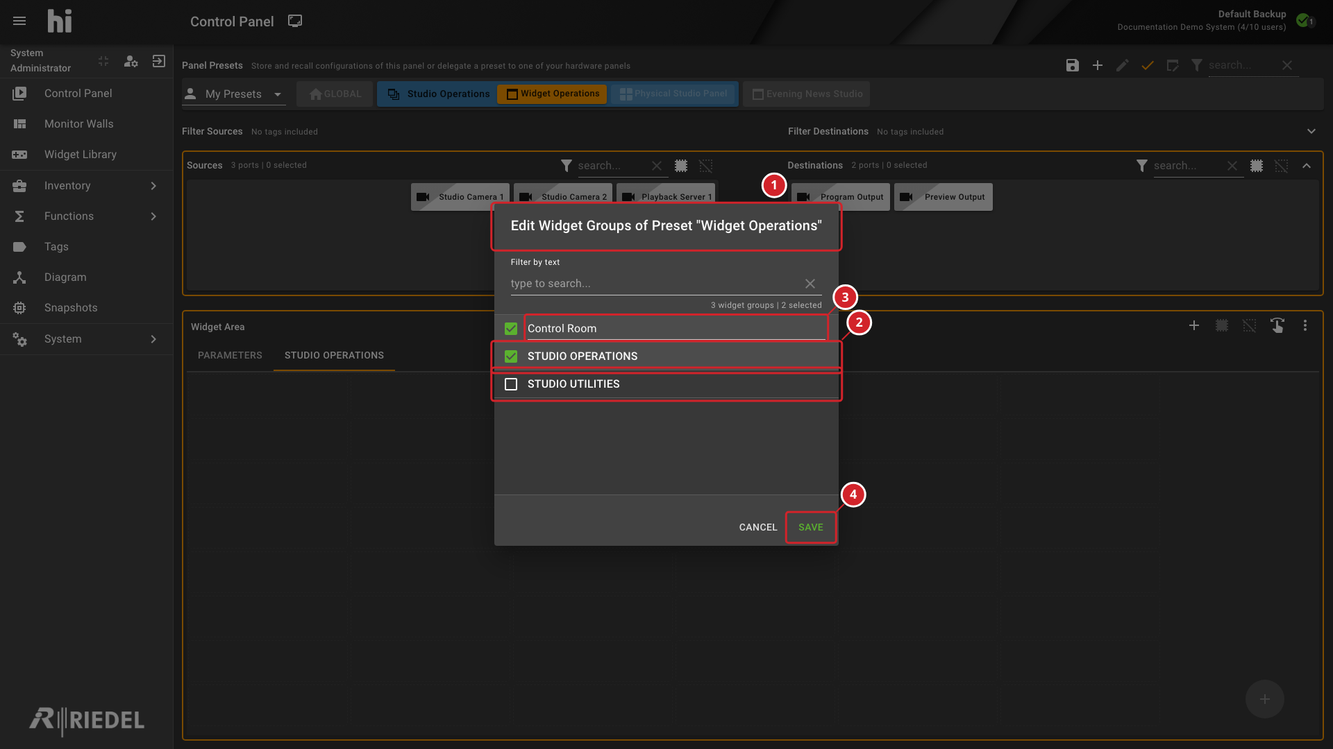 Widget Group Selection for a Control Panel Preset