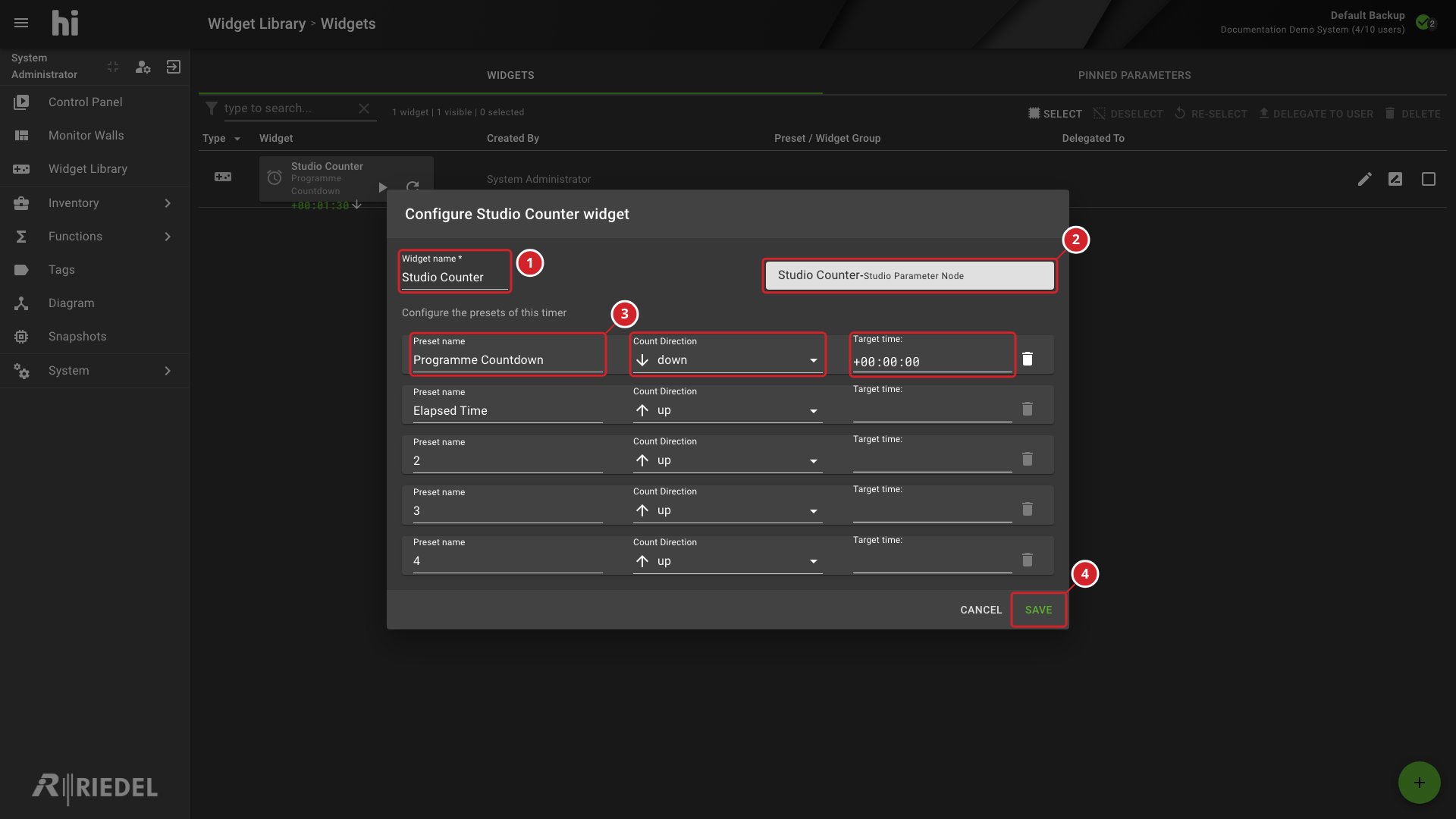 Counter Widget Configuration with an Assigned Counter and Timer Presets