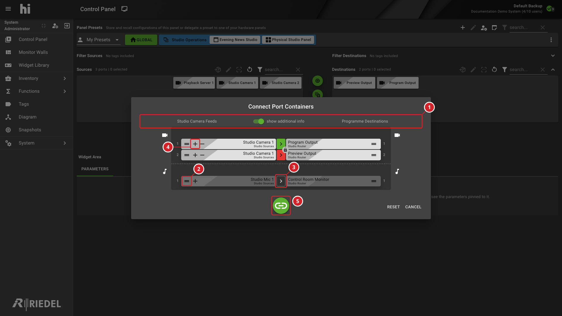 Connect Port Containers Dialog Showing Row Pairings and Directions