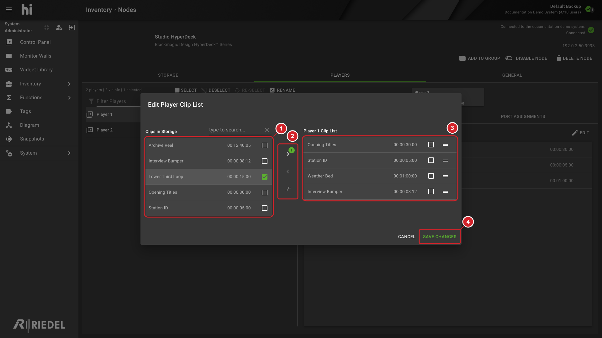 Edit Player Clip List Dialog with Stored and Assigned Clips