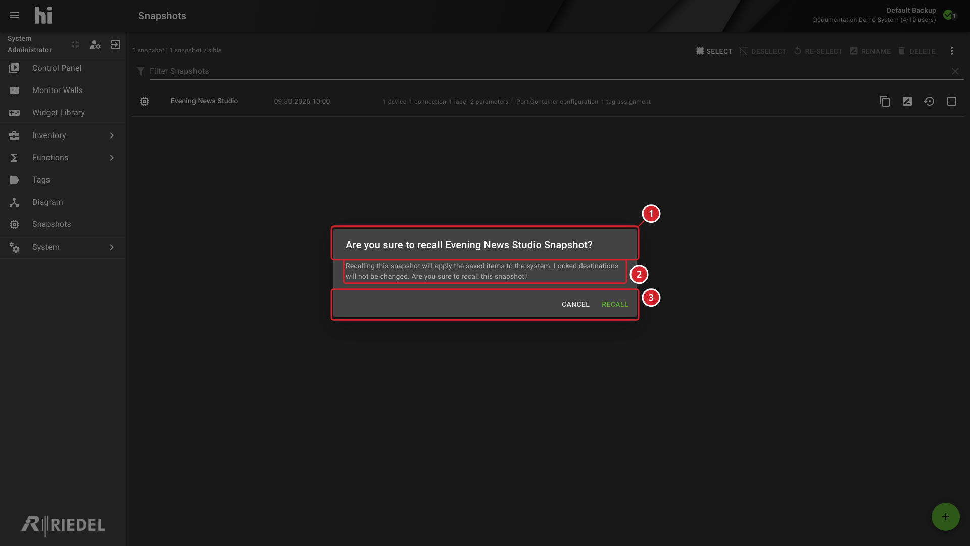Snapshot Recall Confirmation With the Protected-Destination Warning and Recall Action