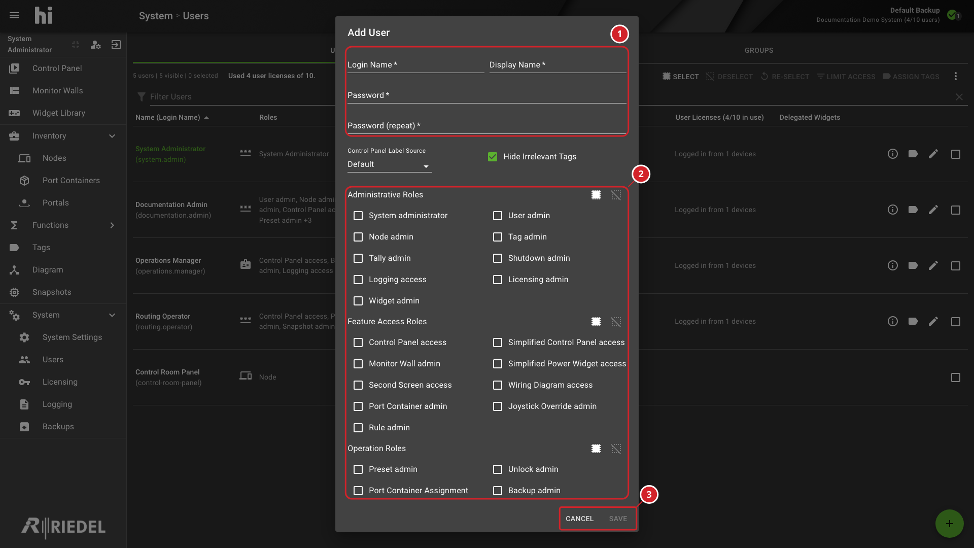 Add User Dialog Showing Account Fields, Role Choices, and Save and Cancel Controls