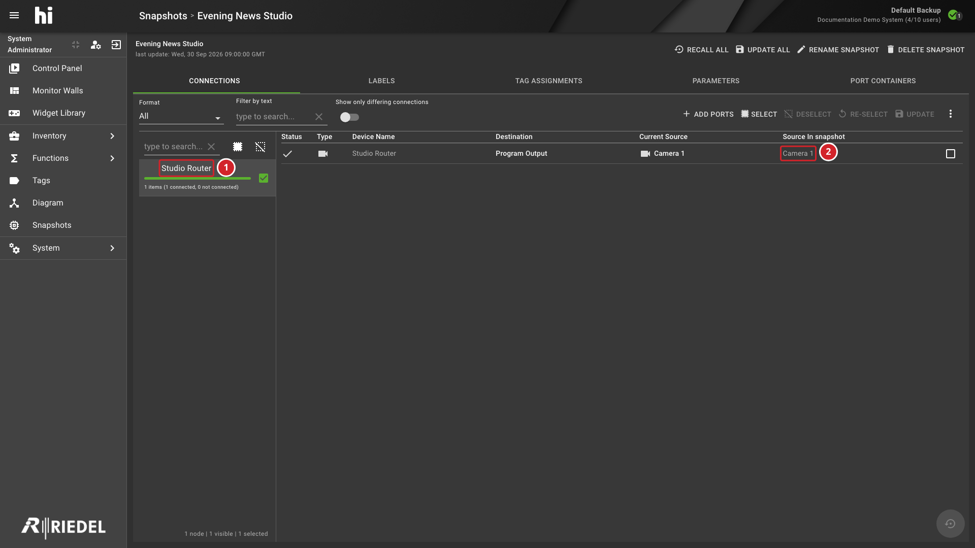 Snapshot Connections Tab Showing the Studio Router Snapshot Entry and Stored Camera 1 Source