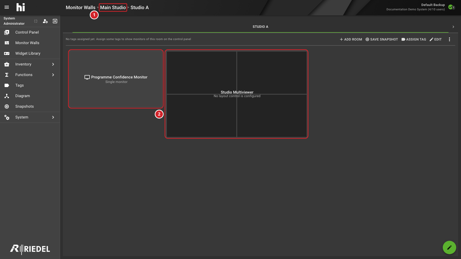 Monitor Wall View Showing Example Displays and Active Layout Names