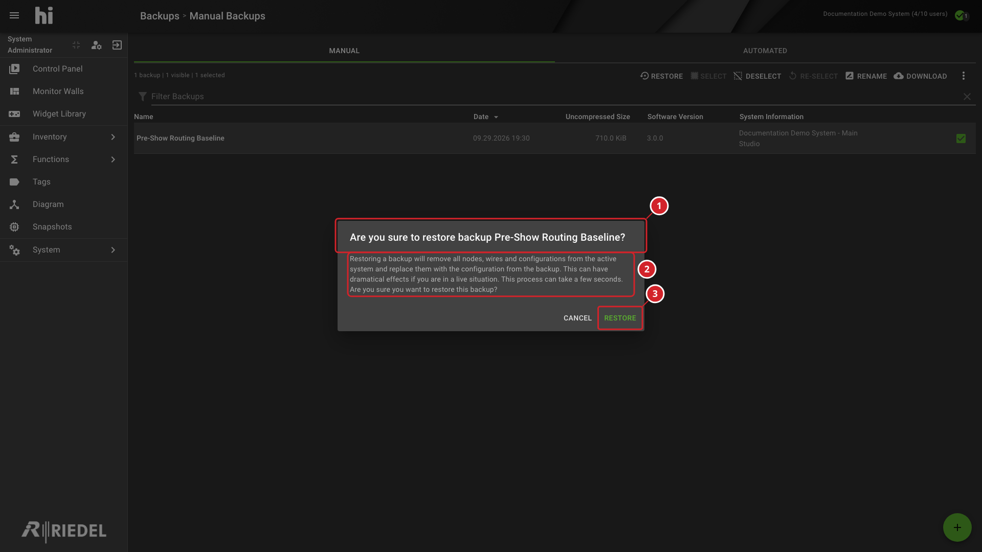 Backup Restore Confirmation Warning Describing the Configuration Replacement Before the Operator Confirms