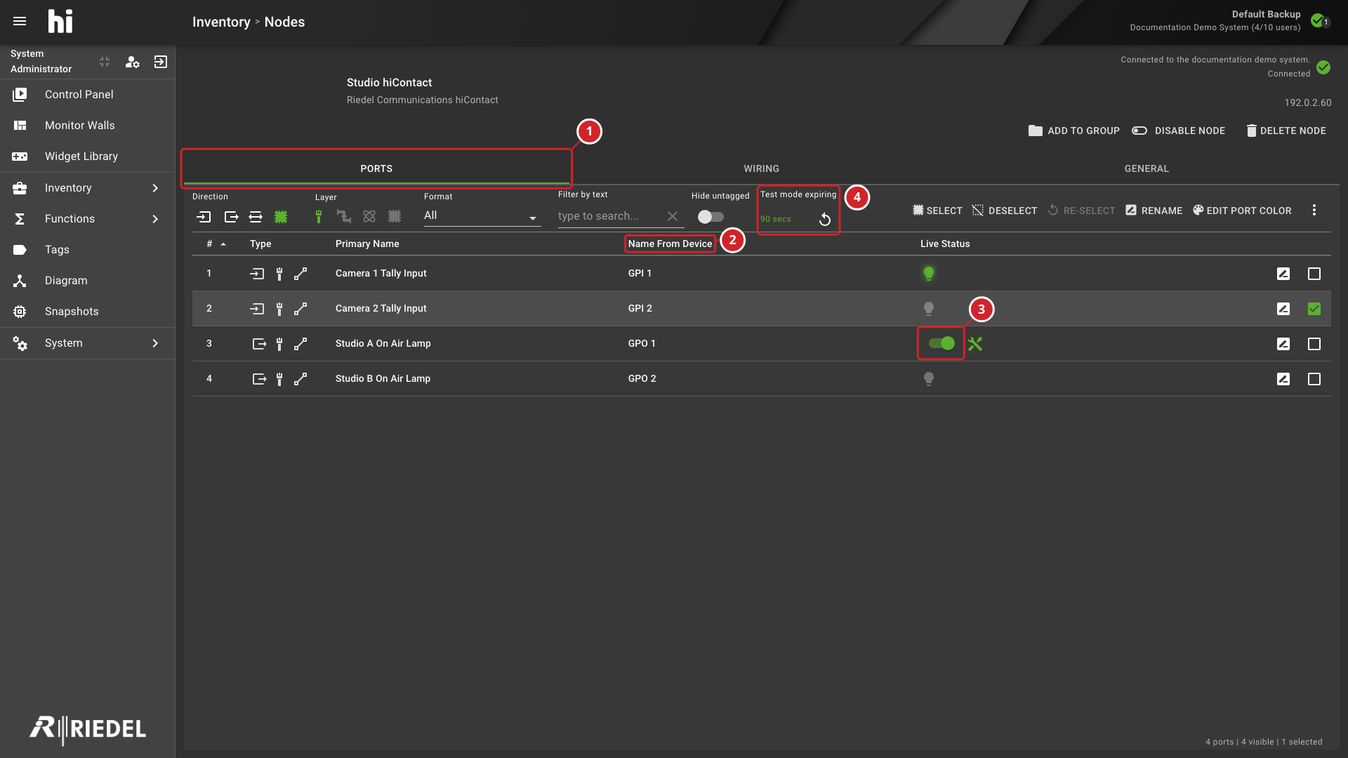 GPIO Node Ports Tab with Name From Device and Live Status