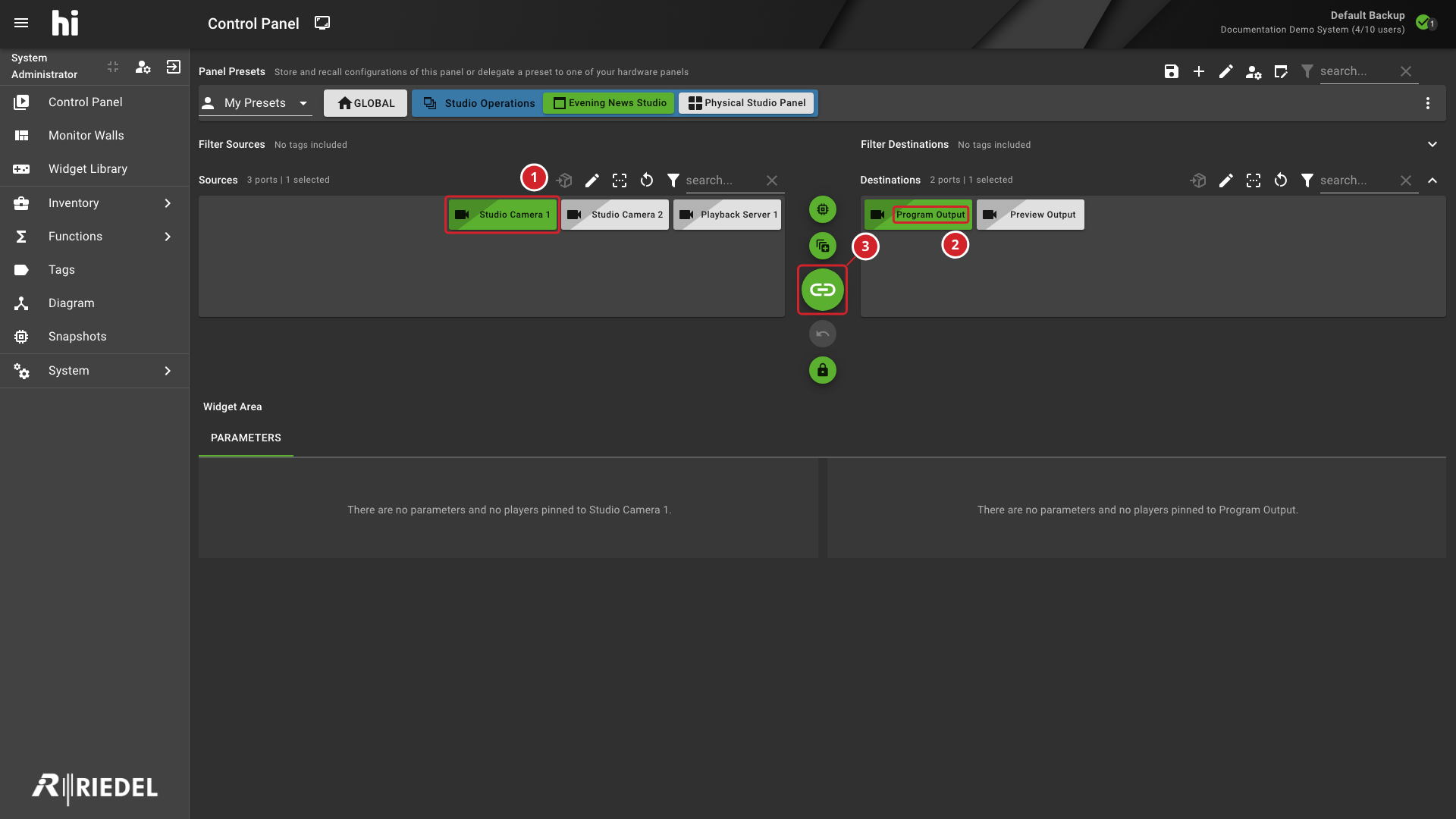 Control Panel with a Source and Destination Selected and the Take Action Ready