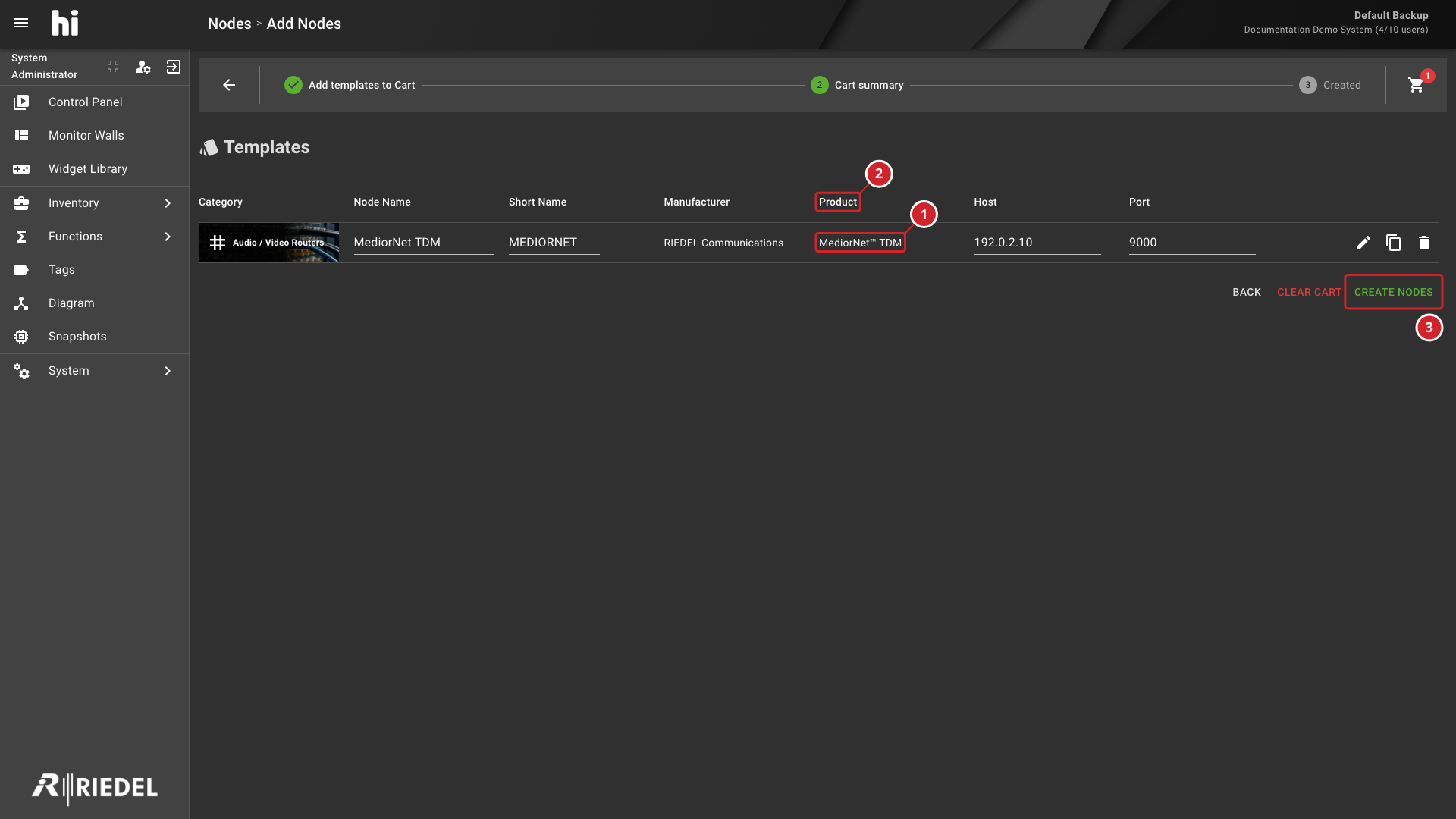 Cart Summary Showing the MediorNet TDM and Create Nodes Action