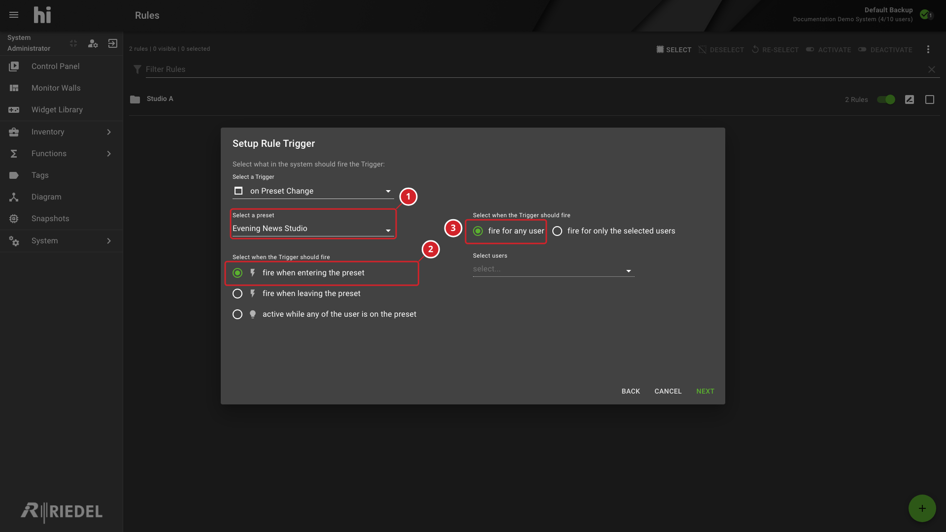 On Preset Change Trigger with the Preset, Activation Type, and User Filter Annotated