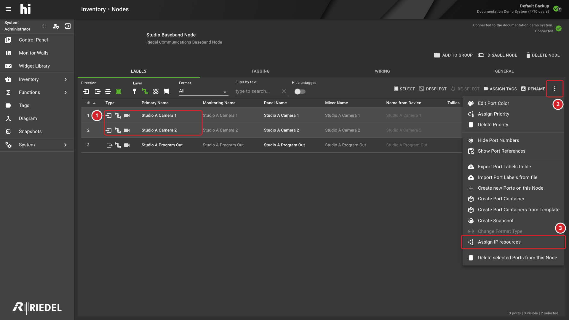 Port List Menu with Assign IP Resources