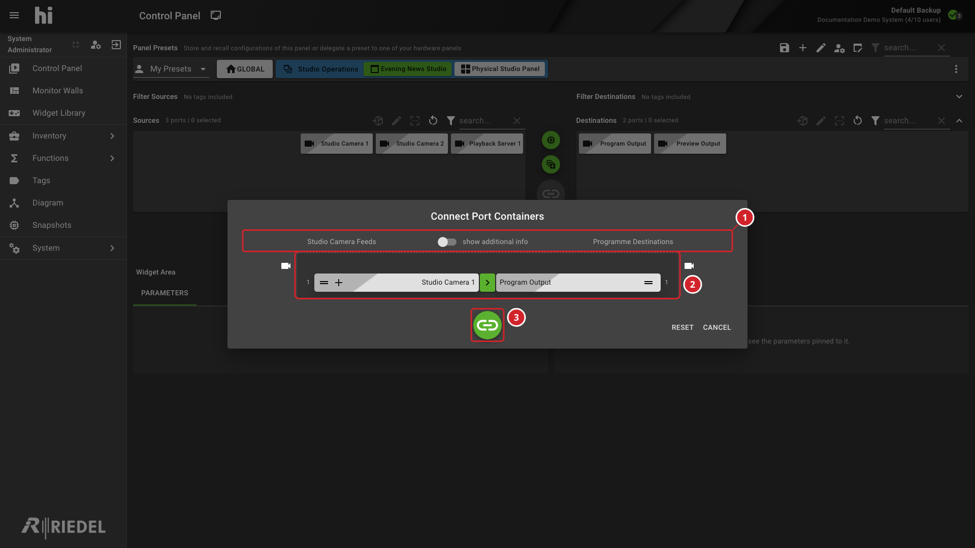 Connect Port Containers Dialog Showing source and destination row pairings
