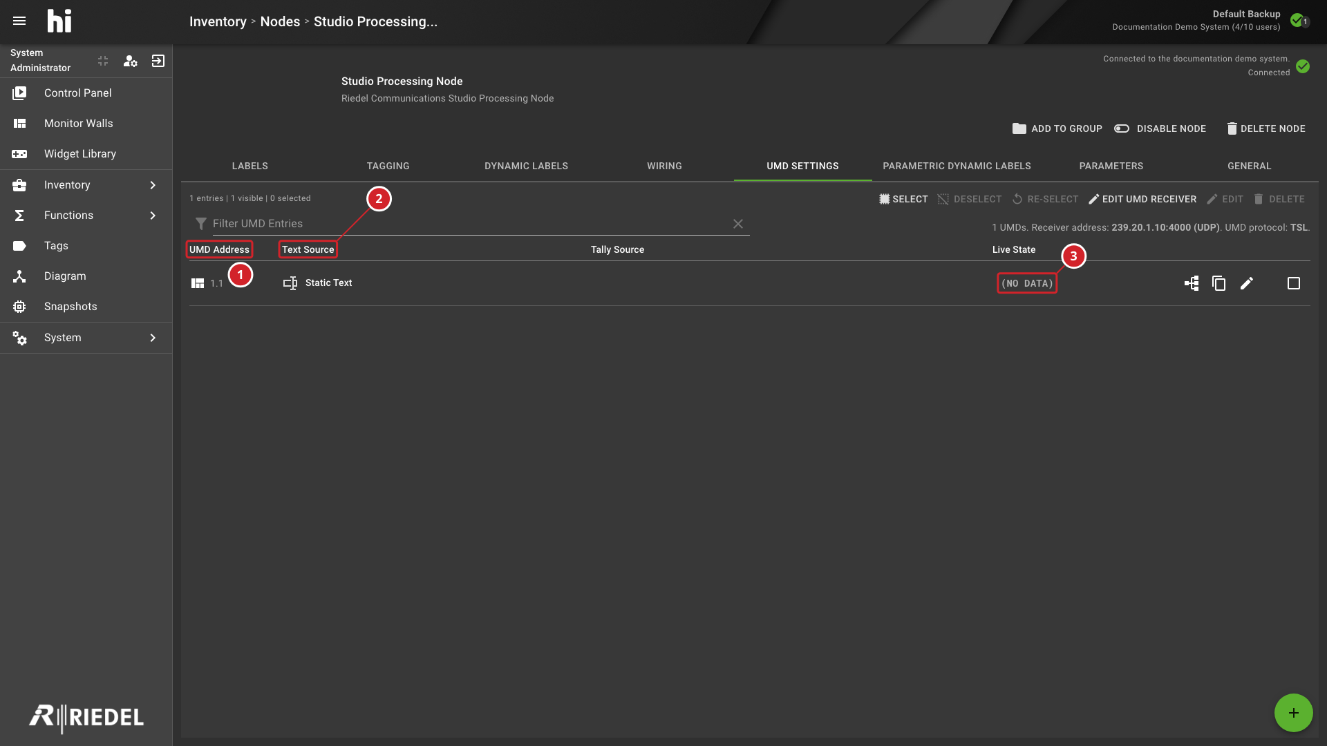 UMD Settings Tab Showing Address, Text Source, Tally Source, Live State, and Row Actions