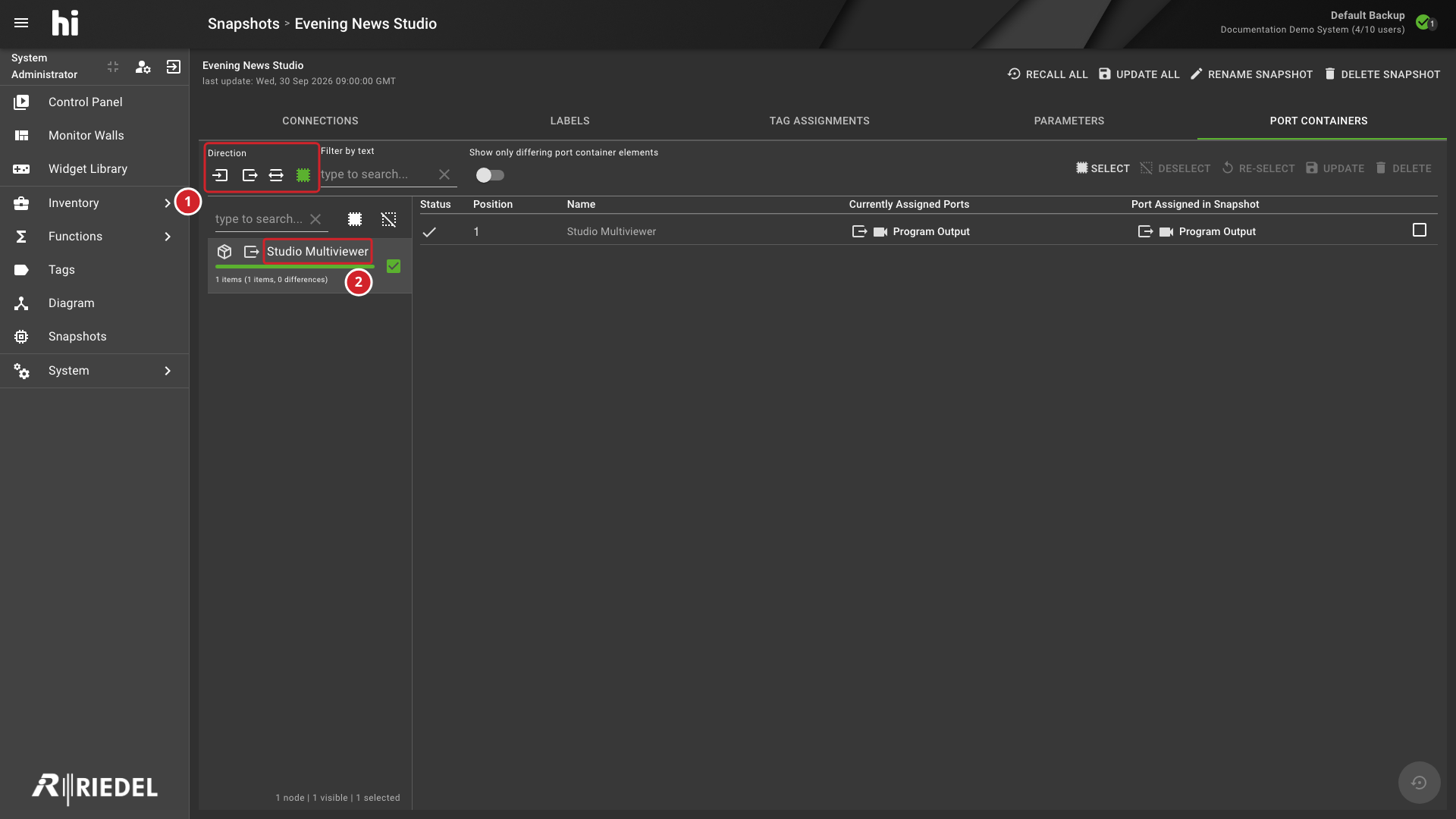 Snapshot Port Containers Tab with Filters and Container Groups Annotated