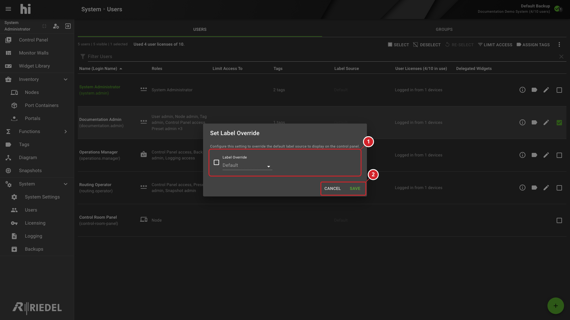 Set Label Override Dialog Showing the Enable Control and Label-Source Selector
