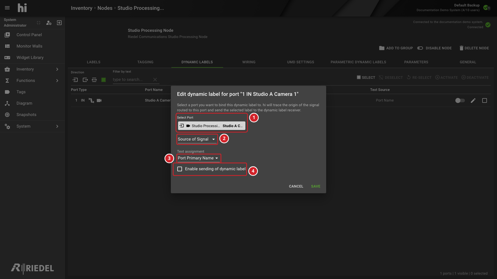 Edit Dynamic Label Dialog Showing the Port, Relation, Text Assignment, and Enable Sending Option