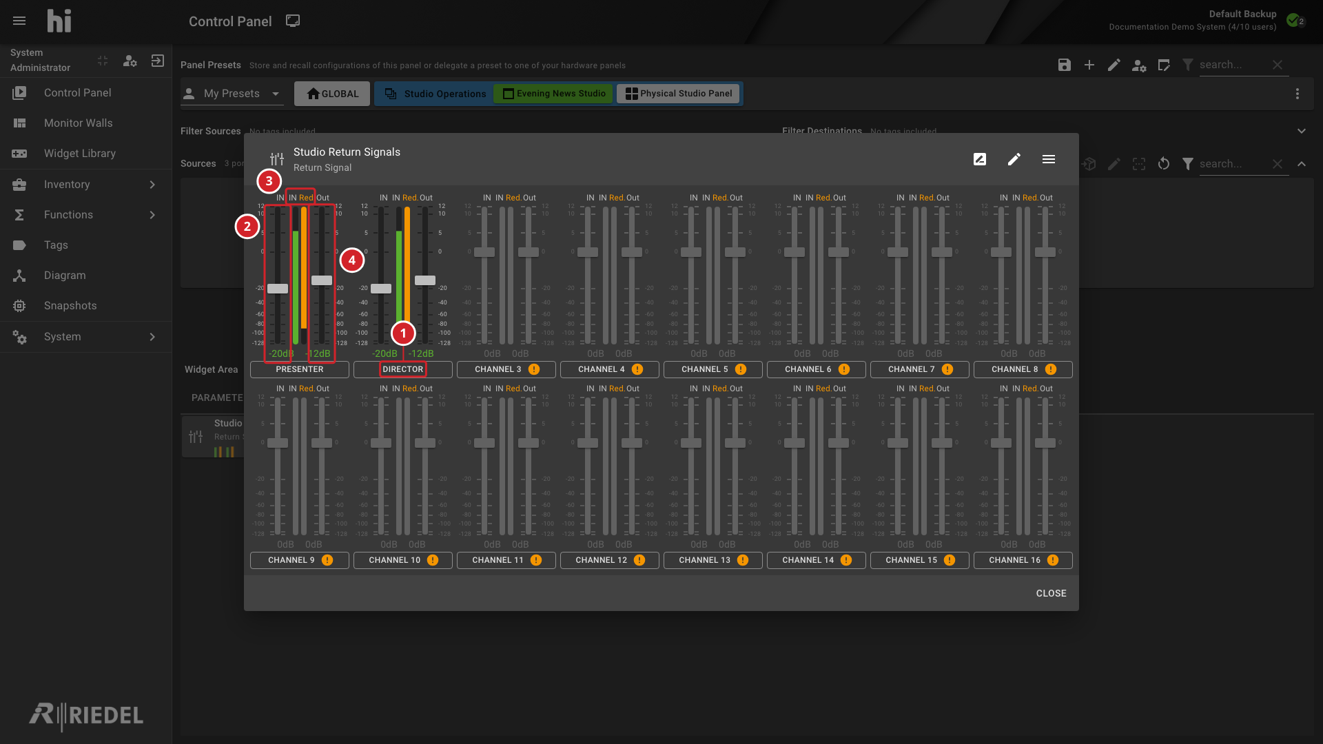 Return Signal Widget with Configured Channel Sliders and Meters