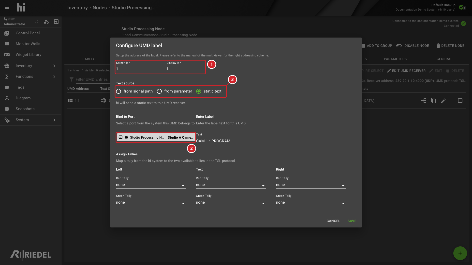 Configure UMD Label Dialog Showing Its Address, Text Source, Bound Port, Label Type, and Tally Assignments