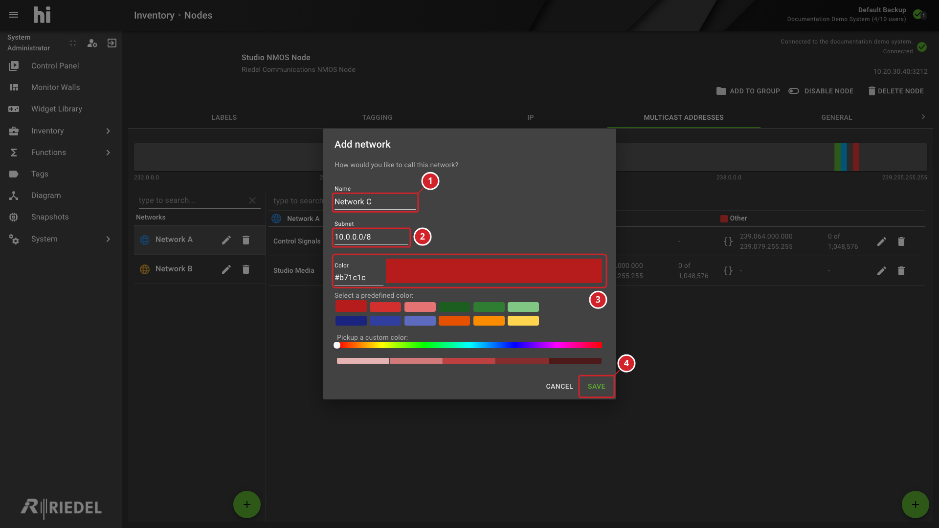 Add Network Dialog with Name, Subnet, and Color