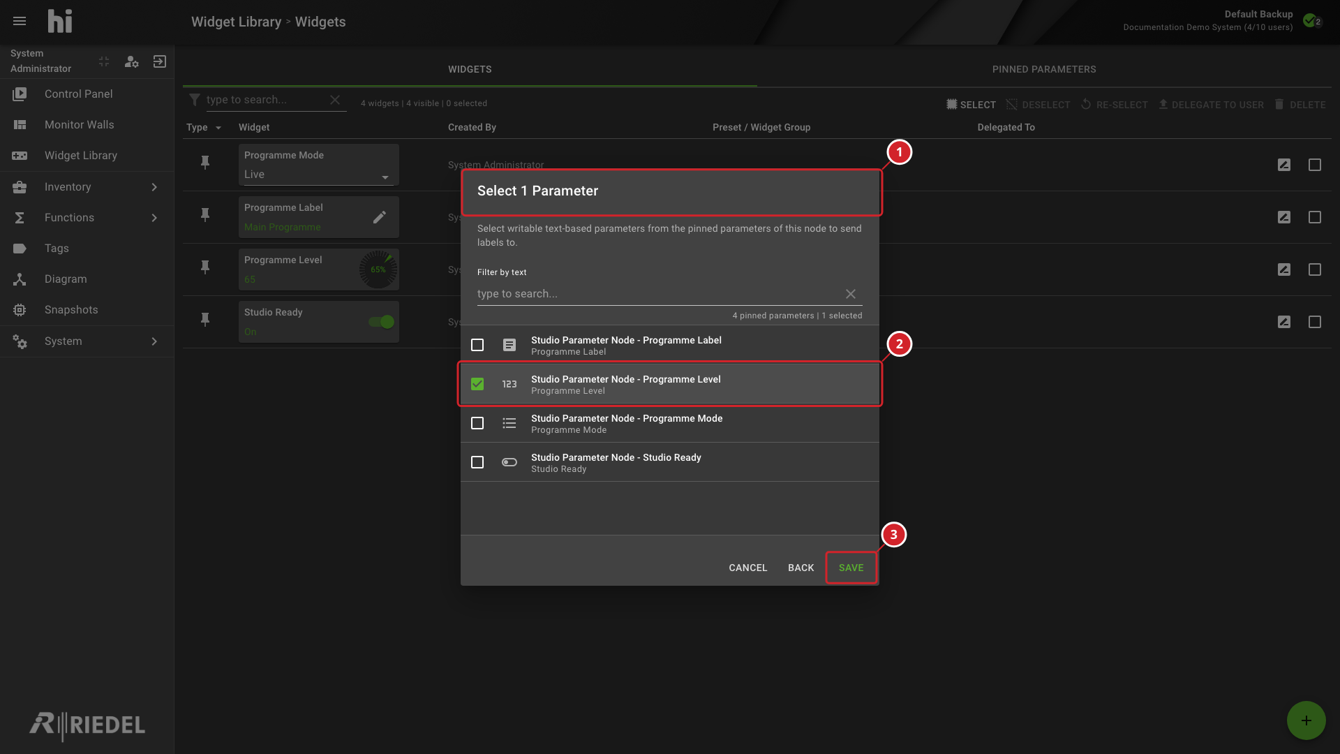 Pinned Parameter Selection for a New Parameter Widget