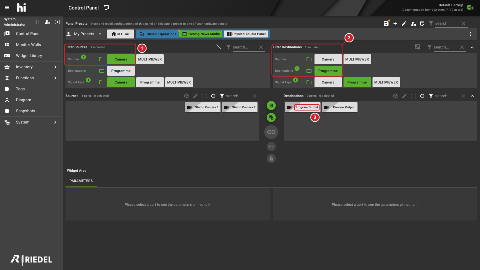 Control Panel With Source and Destination Tag Filters Applied