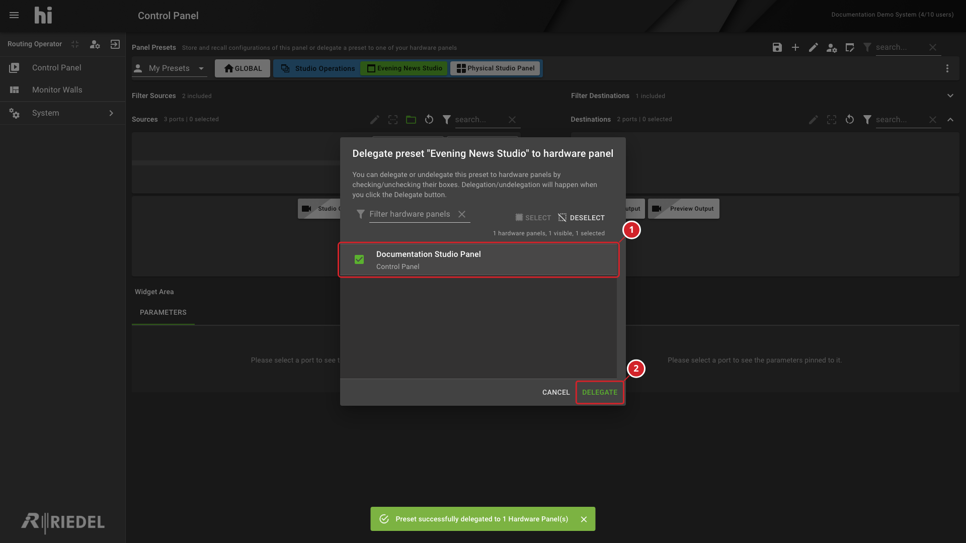 Selected Hardware Panel in the Preset Delegation Dialog