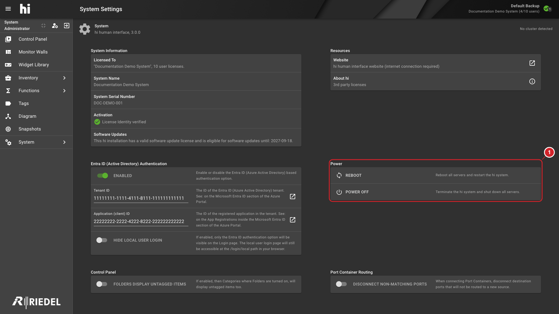 Power Panel with the Reboot and Power Off Actions Annotated