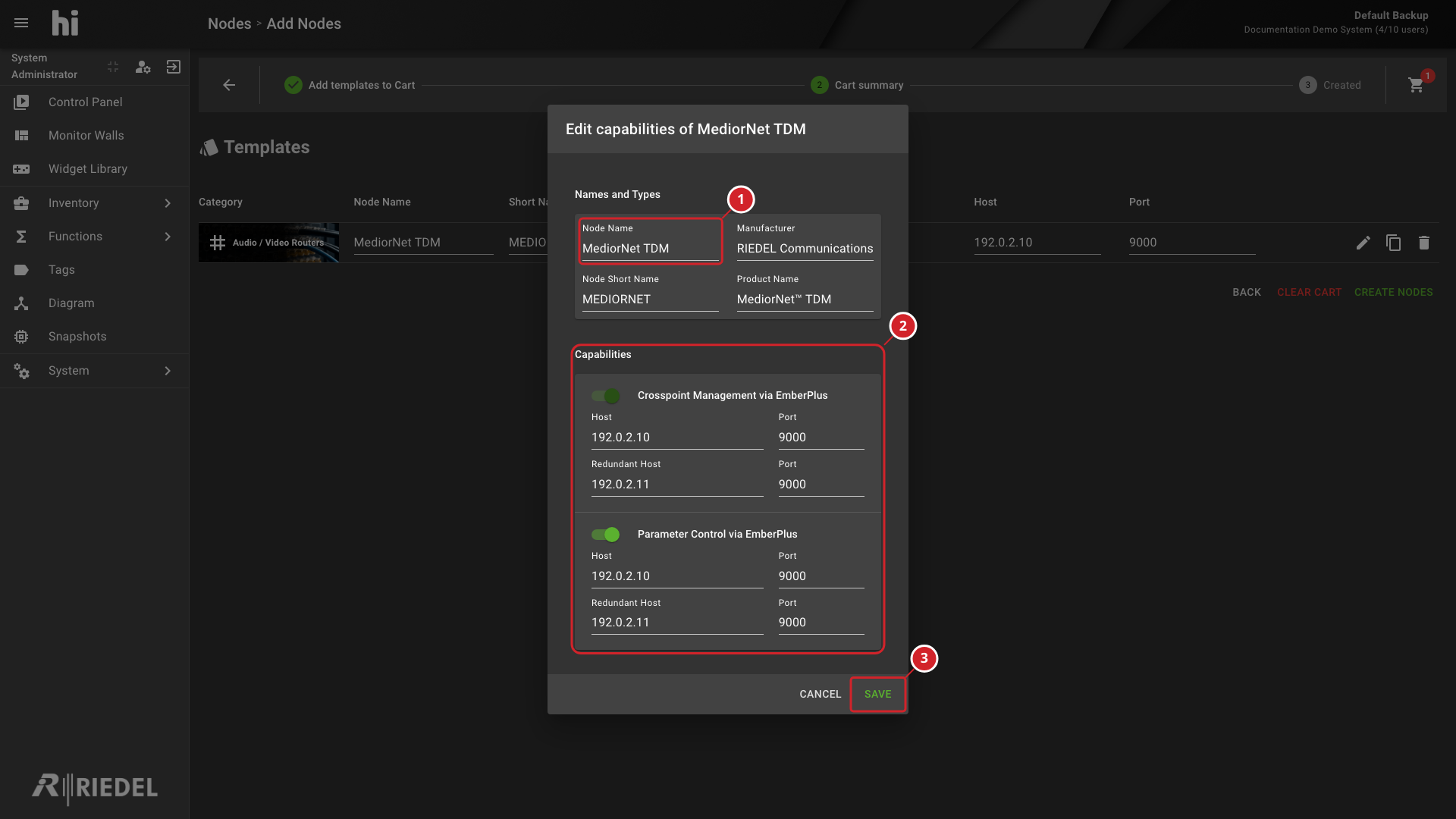 Edit Capabilities Dialog for MediorNet TDM