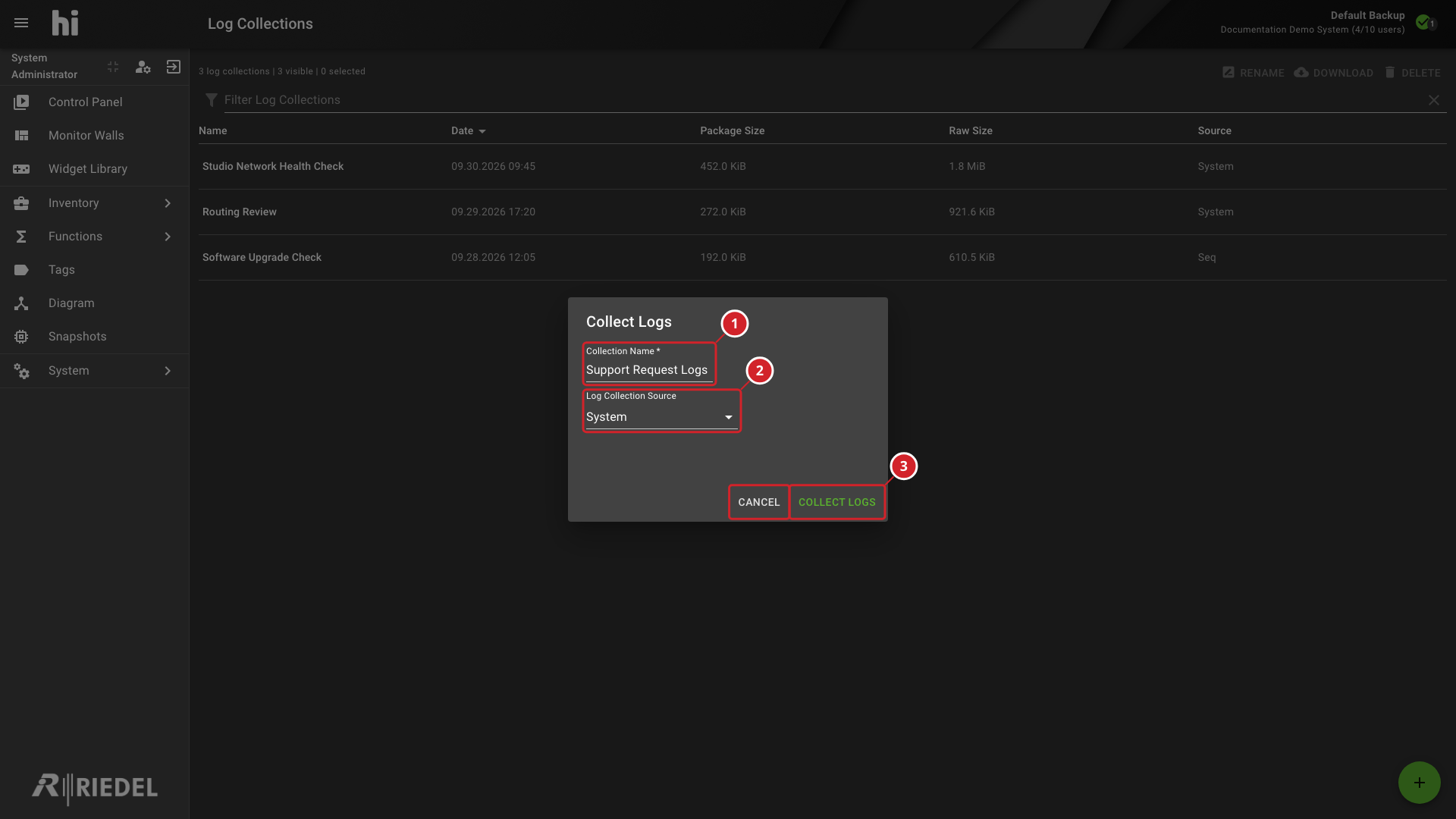 System Log Collection Name and Source