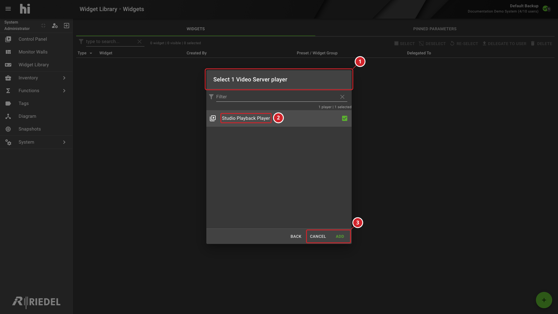 Video Server Player Selection Dialog in the Widget Library