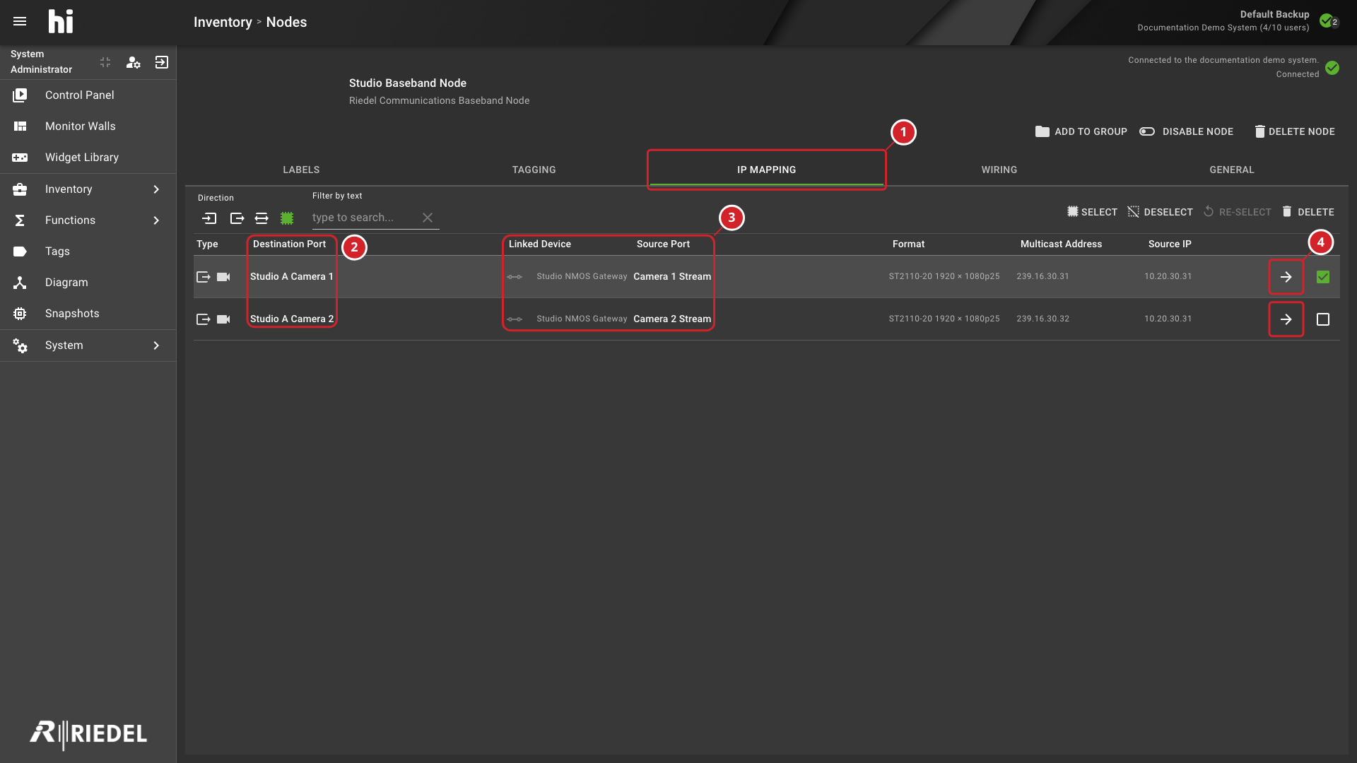 IP Mapping Tab Listing Baseband to IP Port Mappings