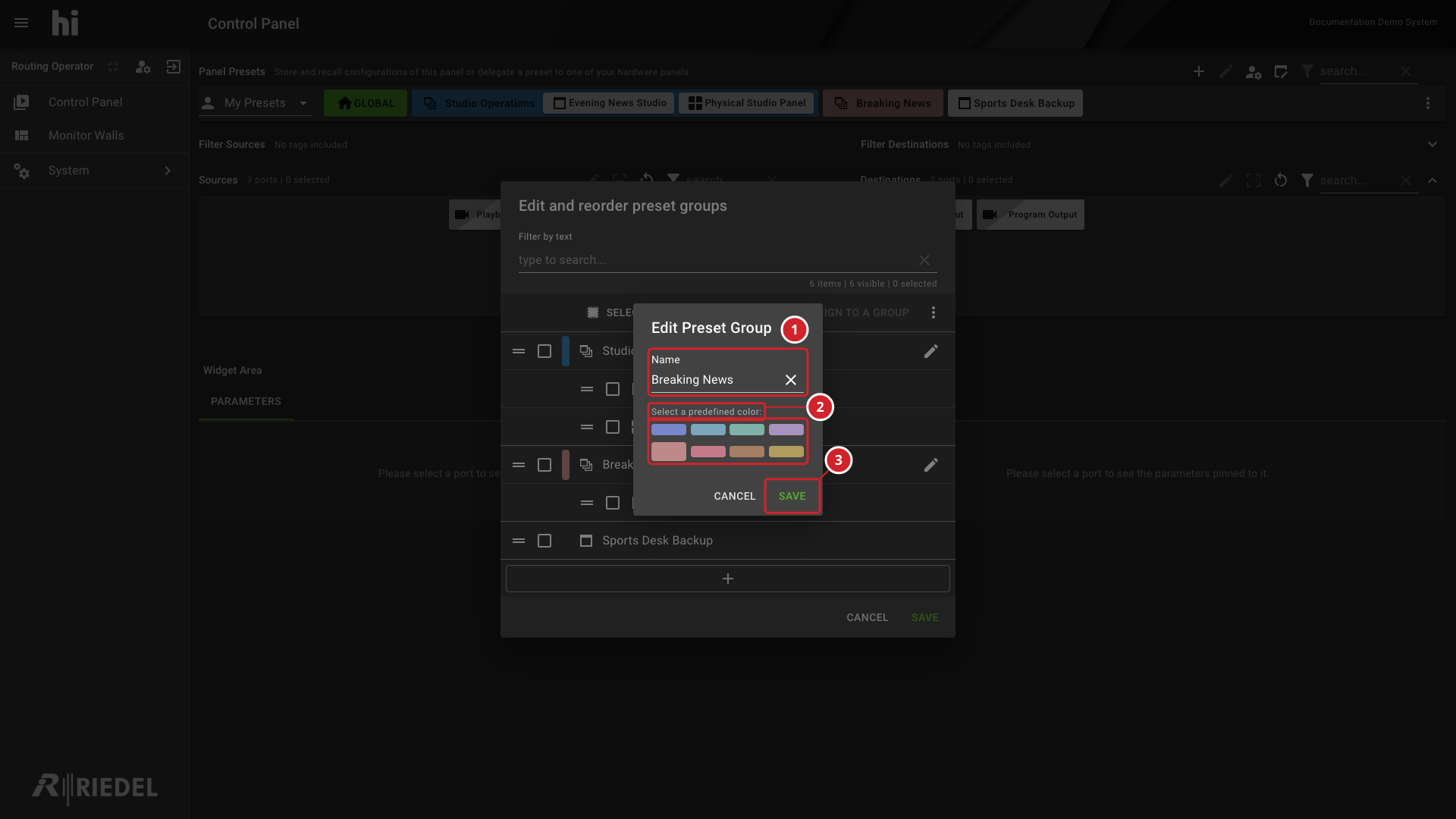 Edit Preset Group Dialog With Name and Color Controls