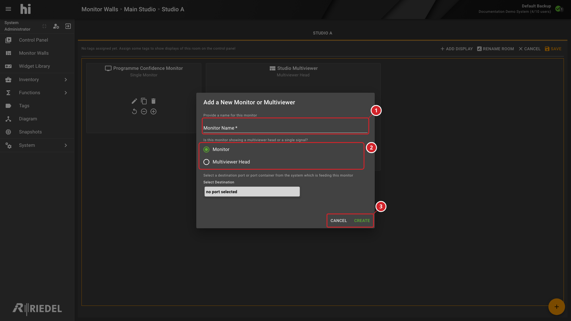 Add Display Dialog Showing Monitor and Multiviewer Head Configuration