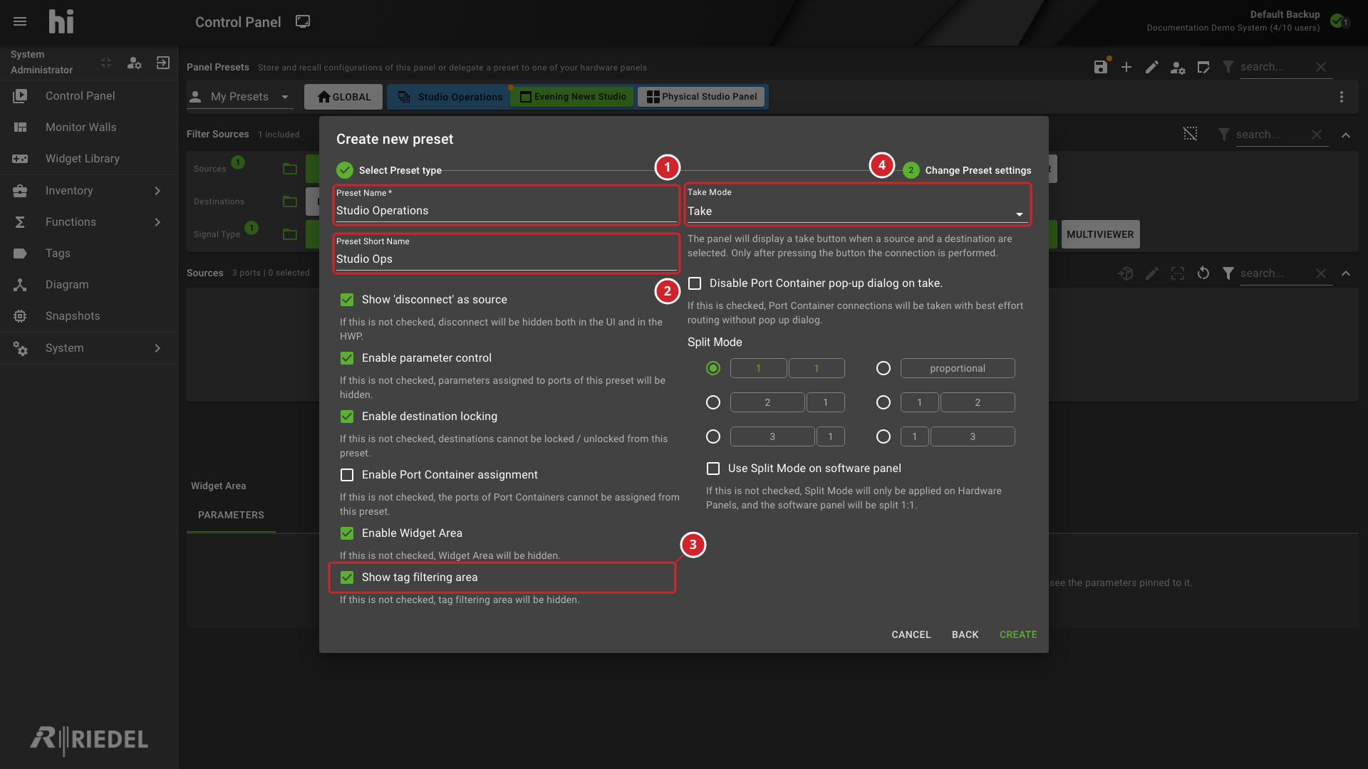 Preset Creation Dialog Showing the Operator-Facing Name, Short Name, Tag Filtering Area, and Take Mode