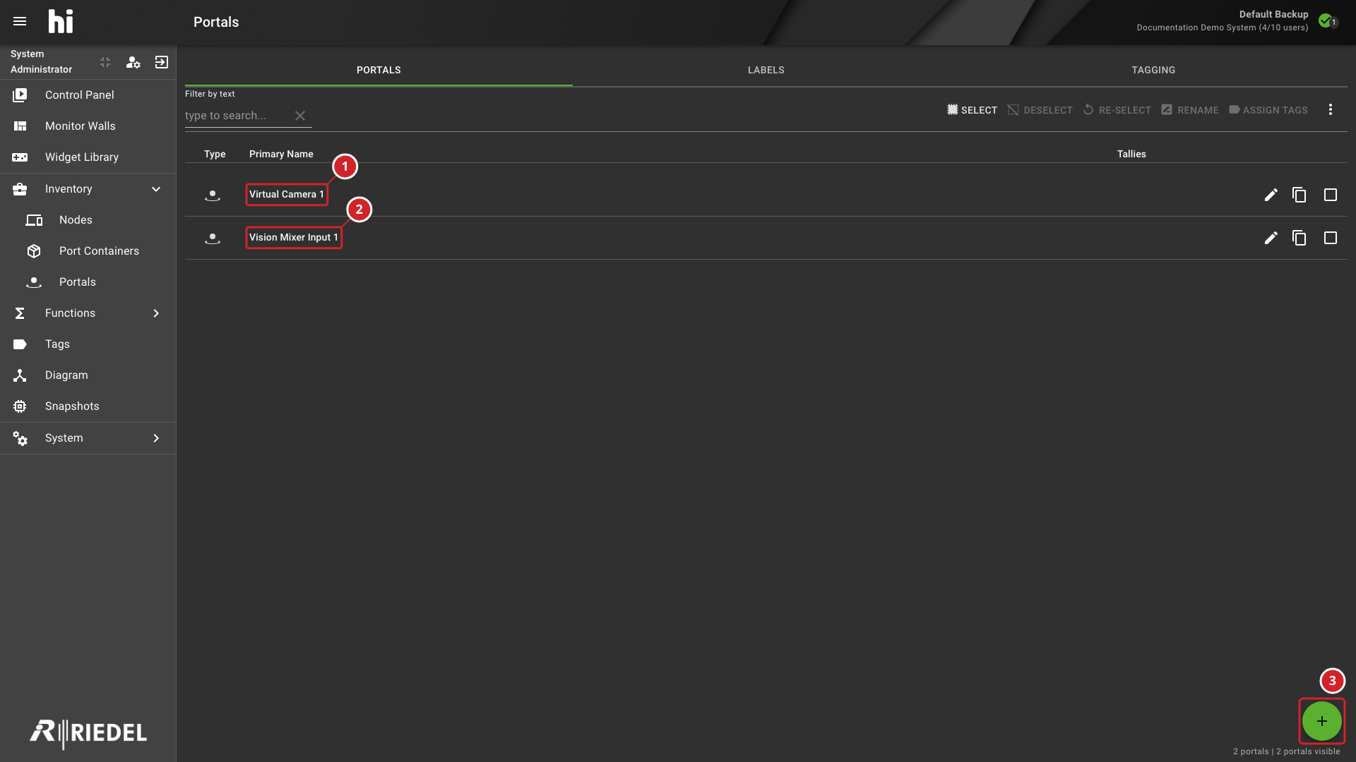 Portals Page Showing Virtual Camera 1 and Vision Mixer Input 1