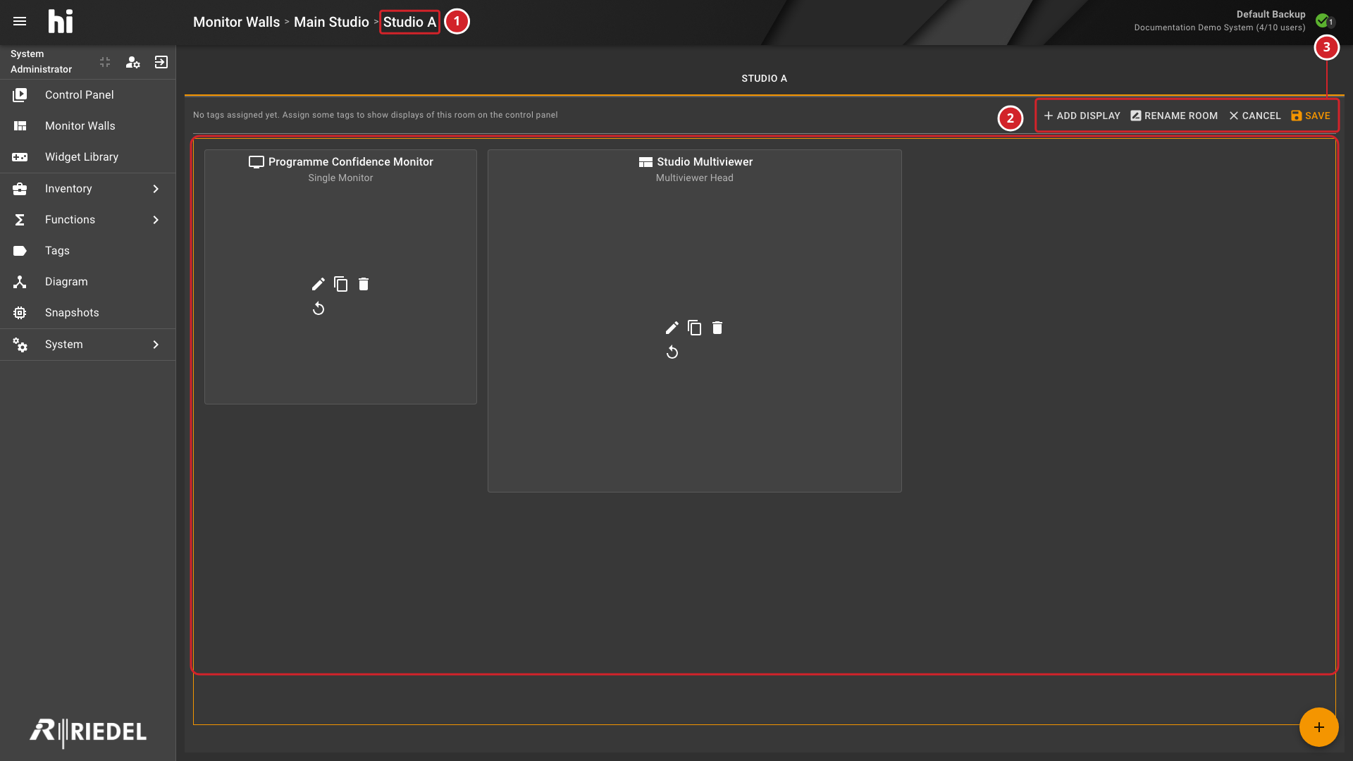 Monitor Wall Layout Editor with Displays and Edit Actions