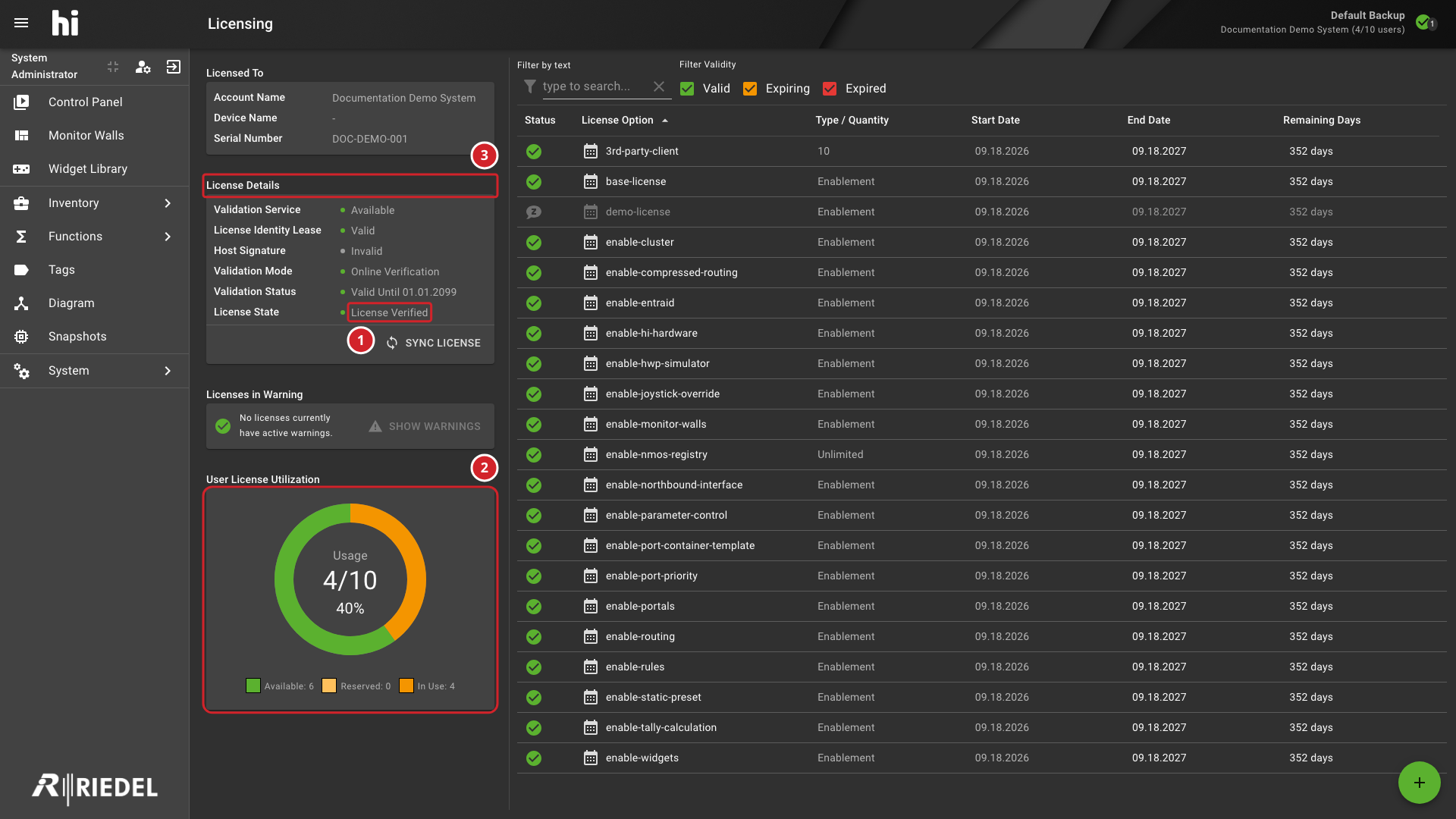 Version 3 Licensing Page Showing License Details, Utilization, Validity, and Status