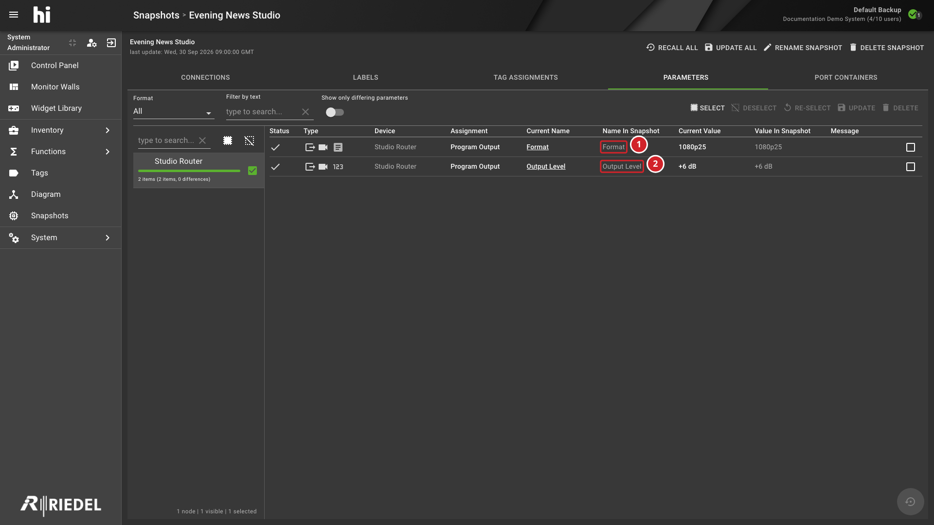 Snapshot Parameters Tab Showing the Stored Format and Output Level Parameters