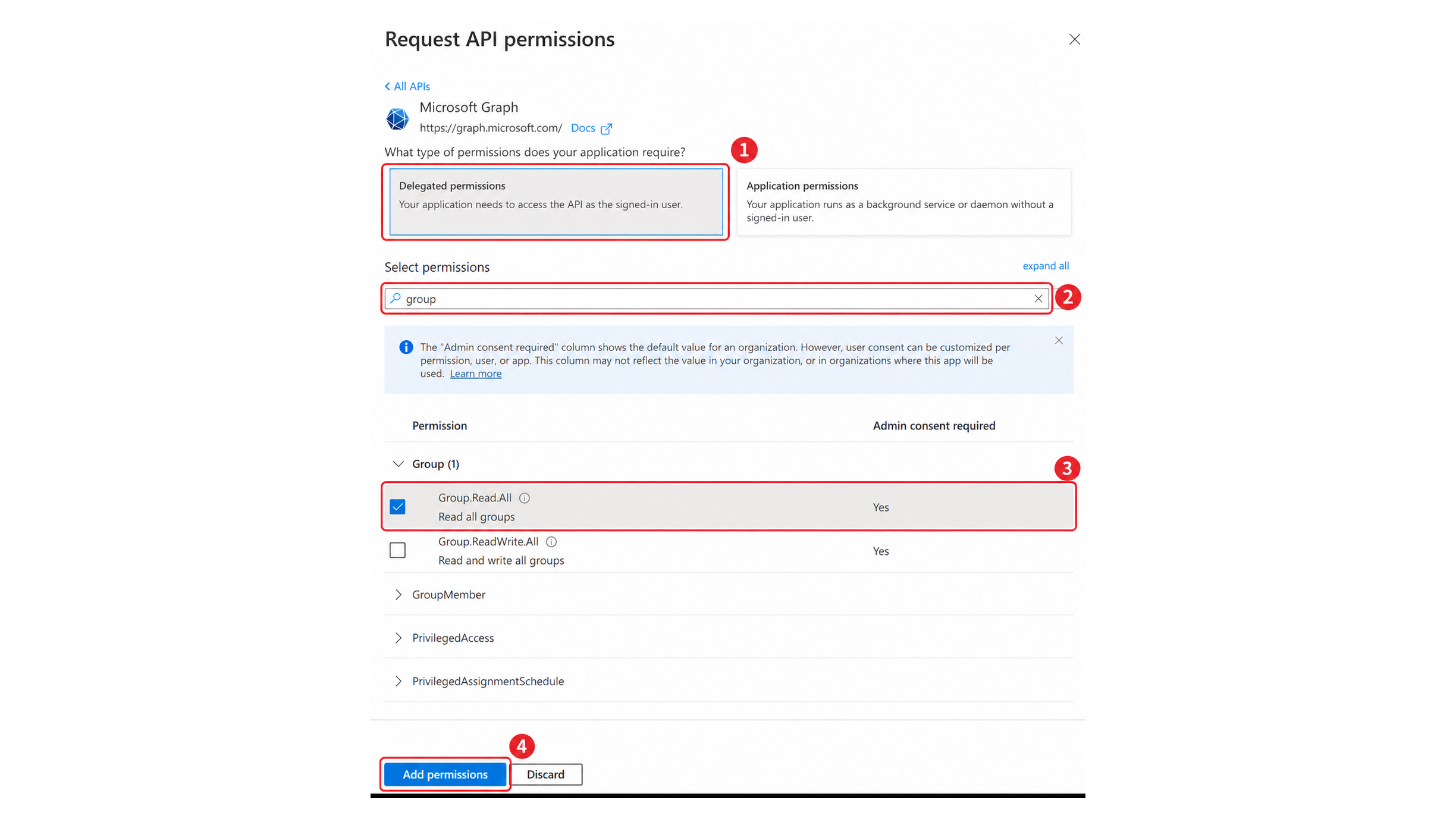Microsoft Entra ID Request API Permissions Dialog with Group.Read.All Selected